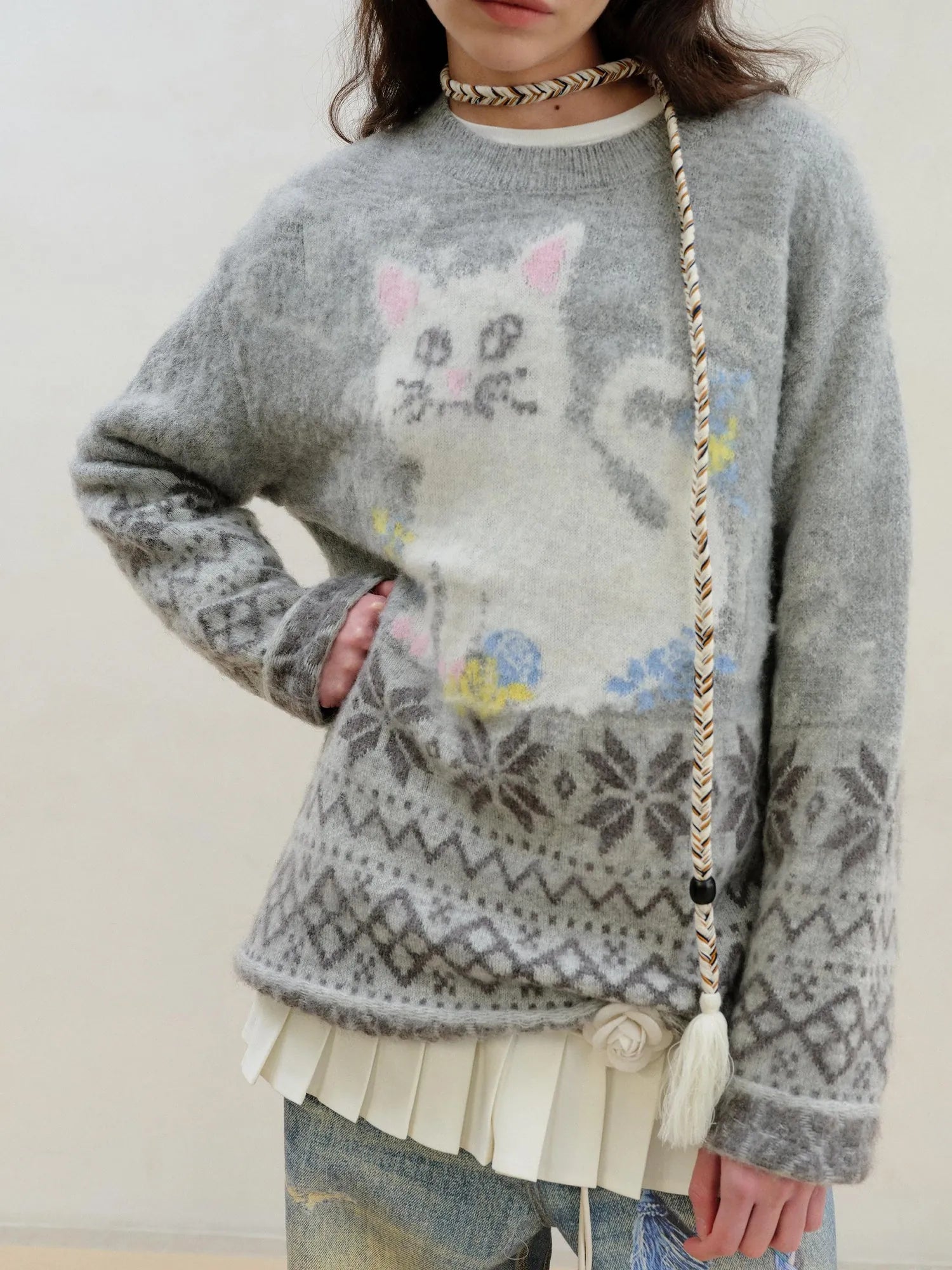 Fair Isle Cat Intarsia Mohair Wool Sweater