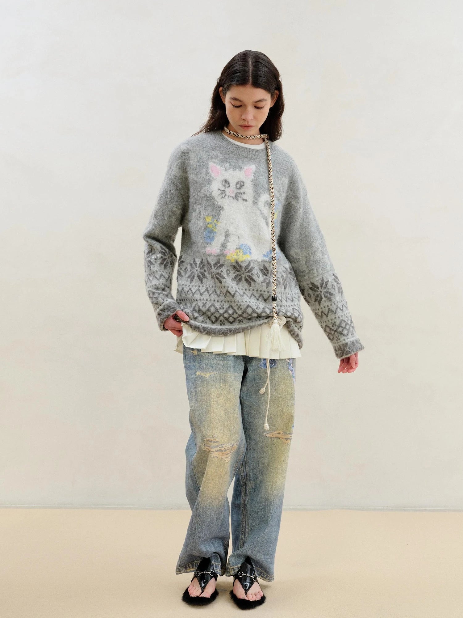 Fair Isle Cat Intarsia Mohair Wool Sweater