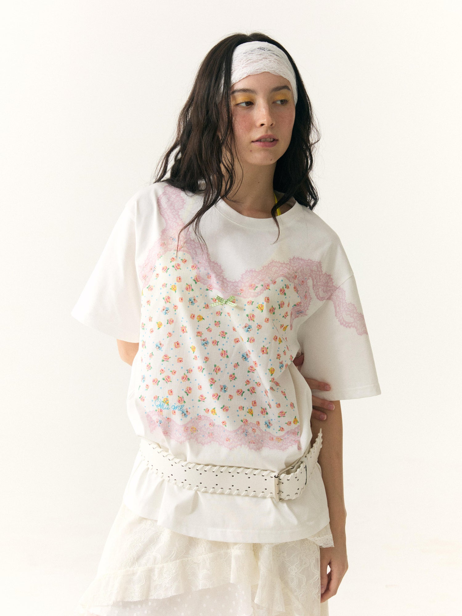 wii wil Floral Lace Strappy Print Oversized Cotton Tee