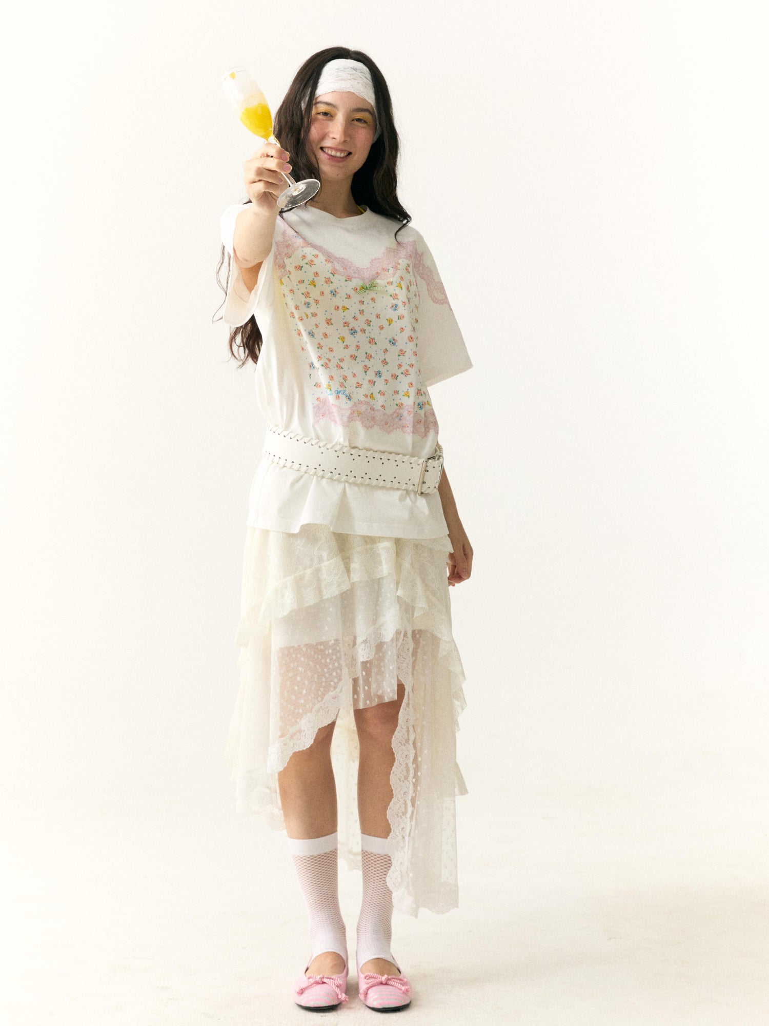 wii wil Floral Lace Strappy Print Oversized Cotton Tee