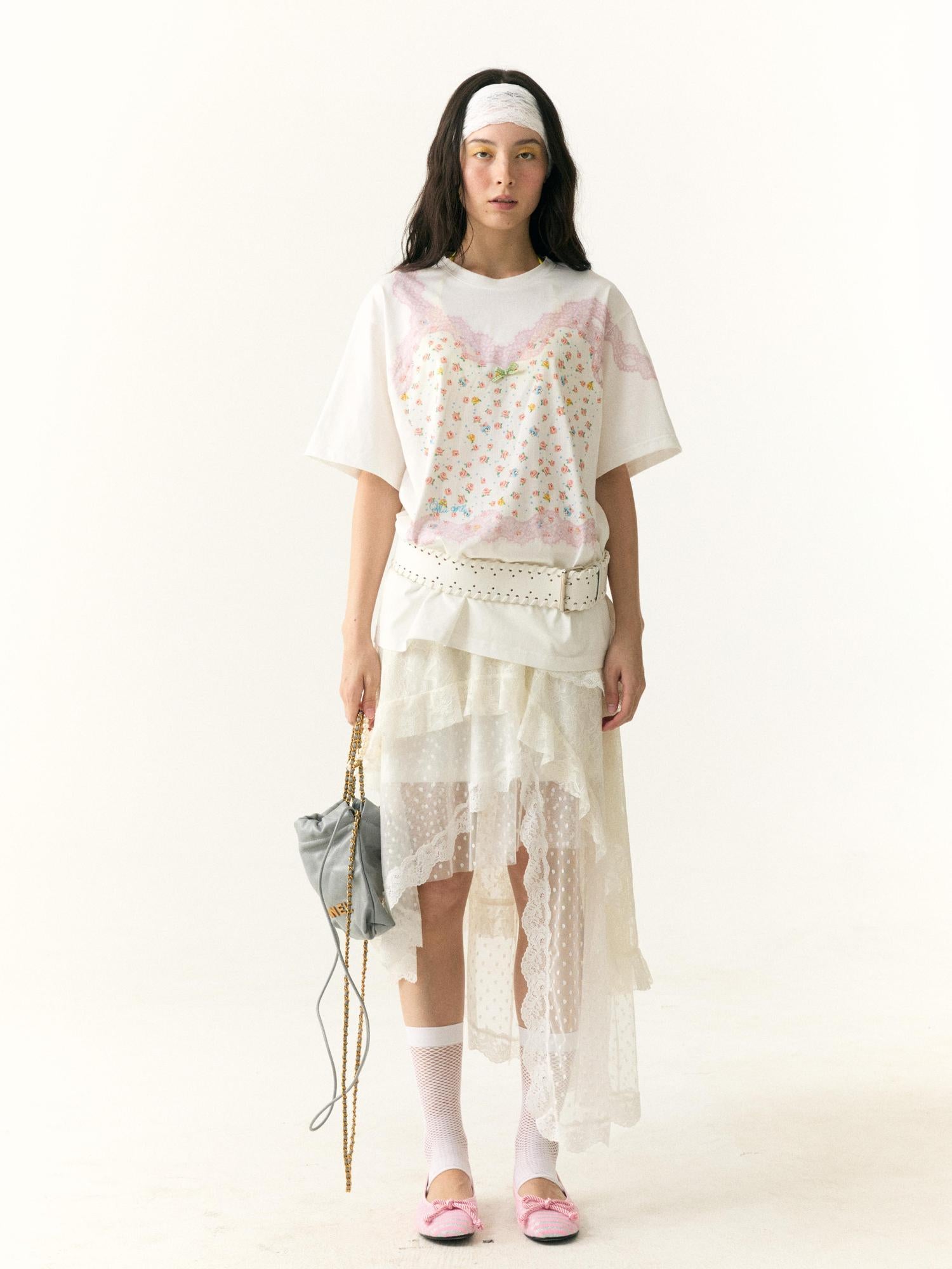 wii wil Floral Lace Strappy Print Oversized Cotton Tee