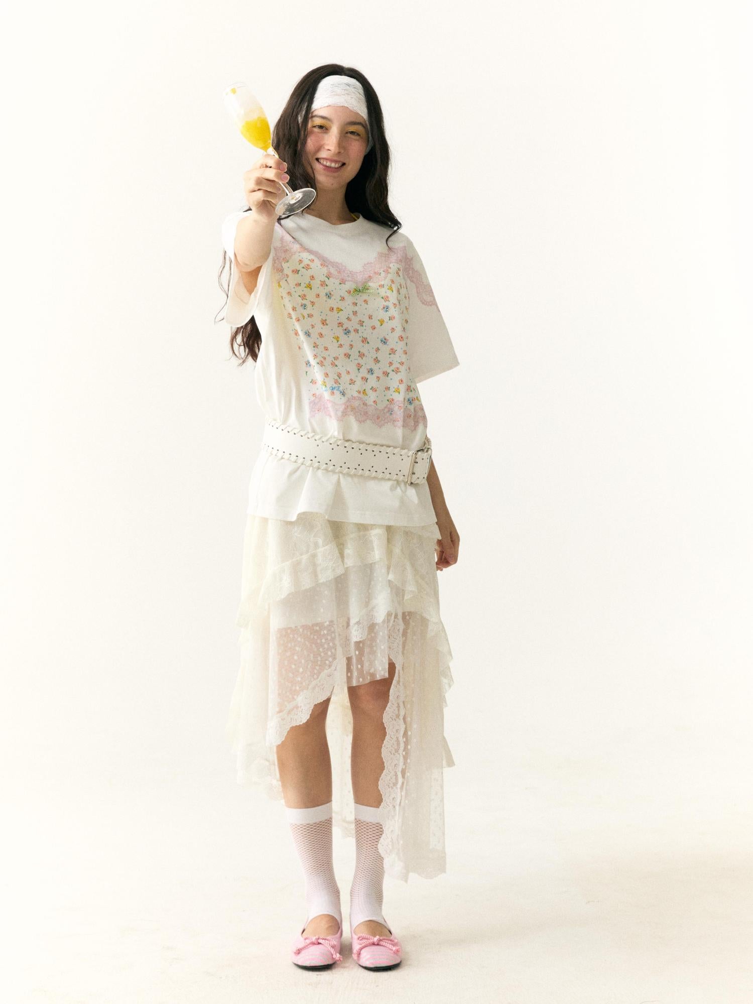 wii wil Floral Lace Strappy Print Oversized Cotton Tee