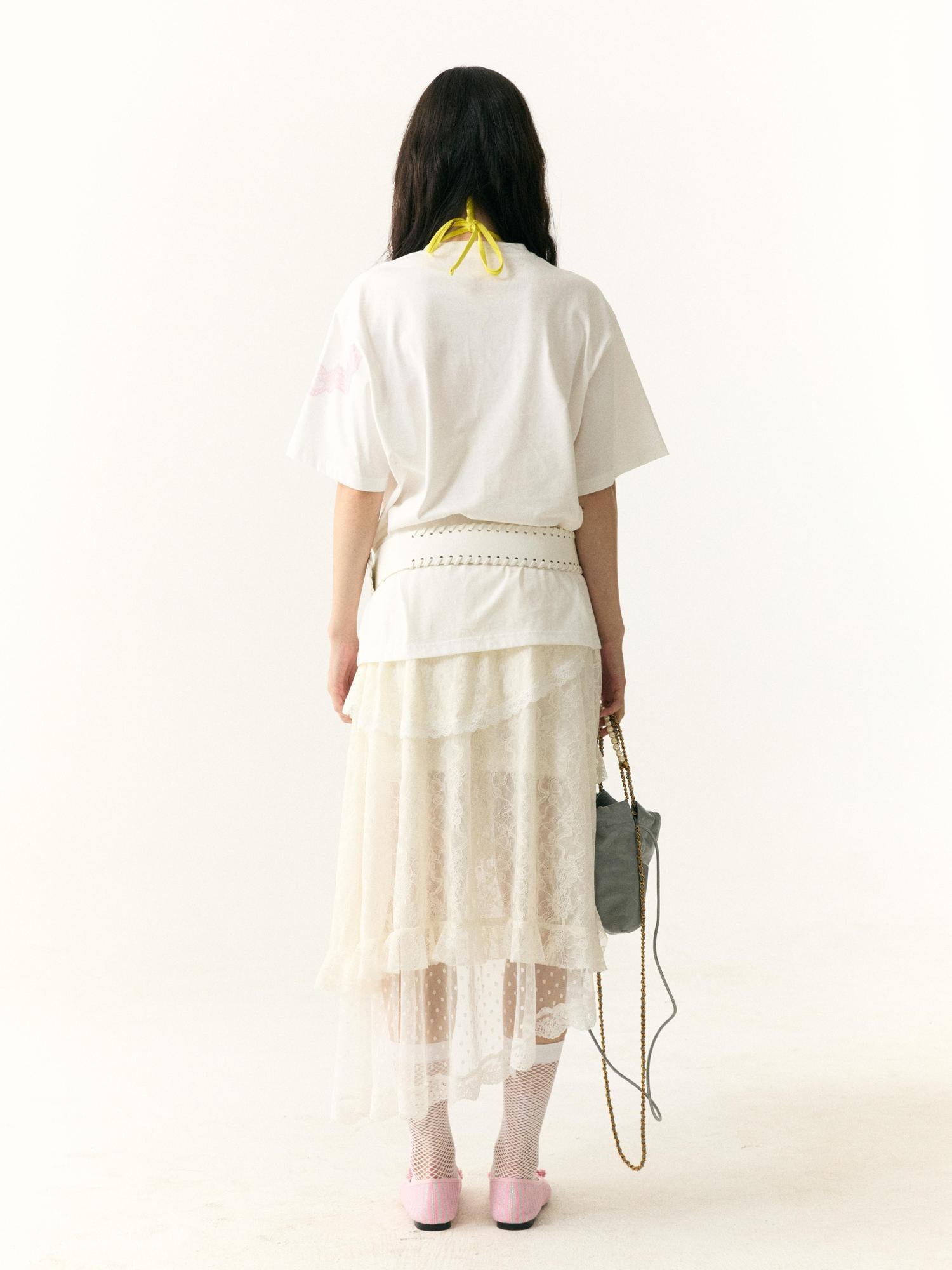wii wil Floral Lace Strappy Print Oversized Cotton Tee