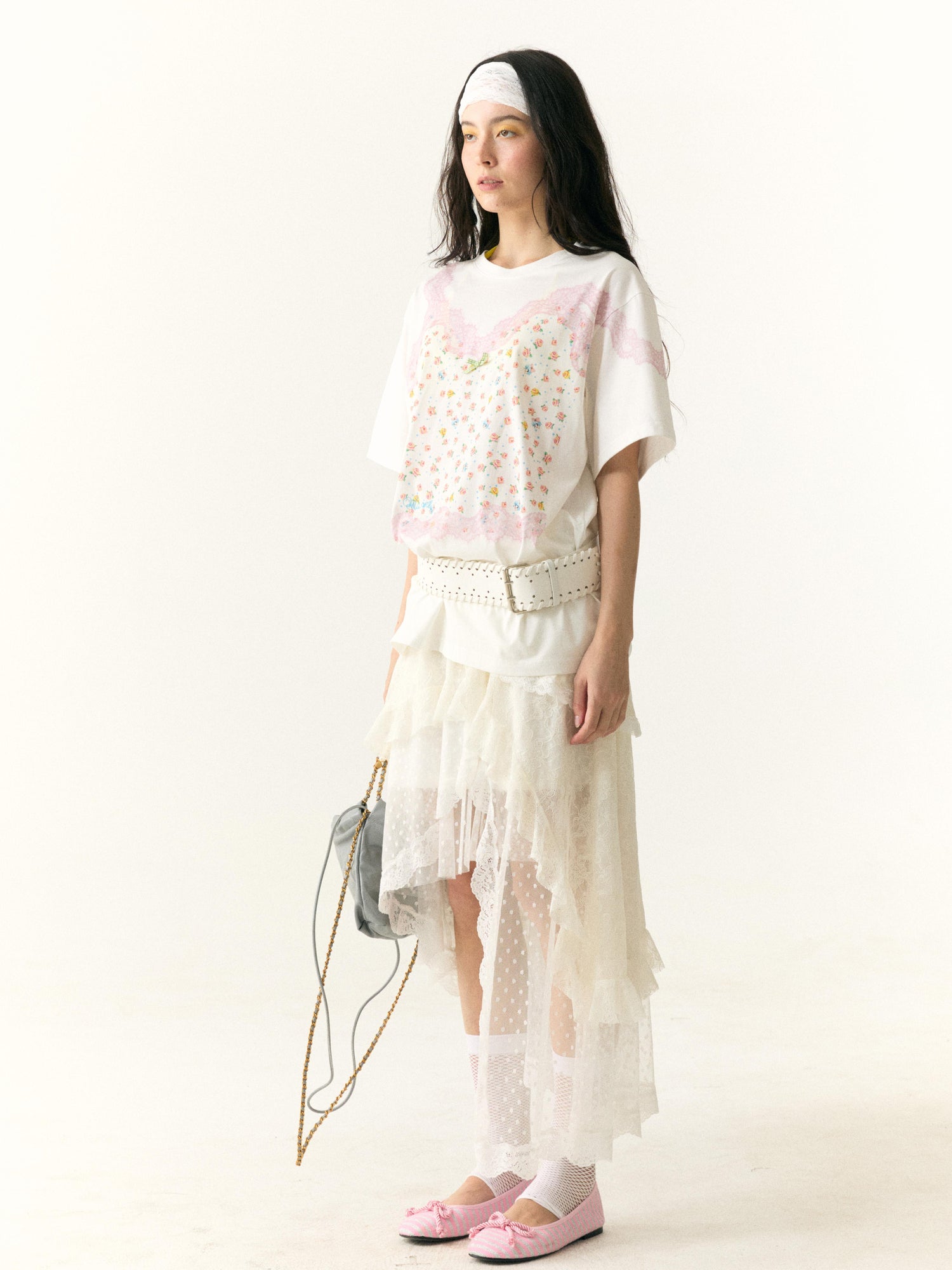 wii wil Floral Lace Strappy Print Oversized Cotton Tee
