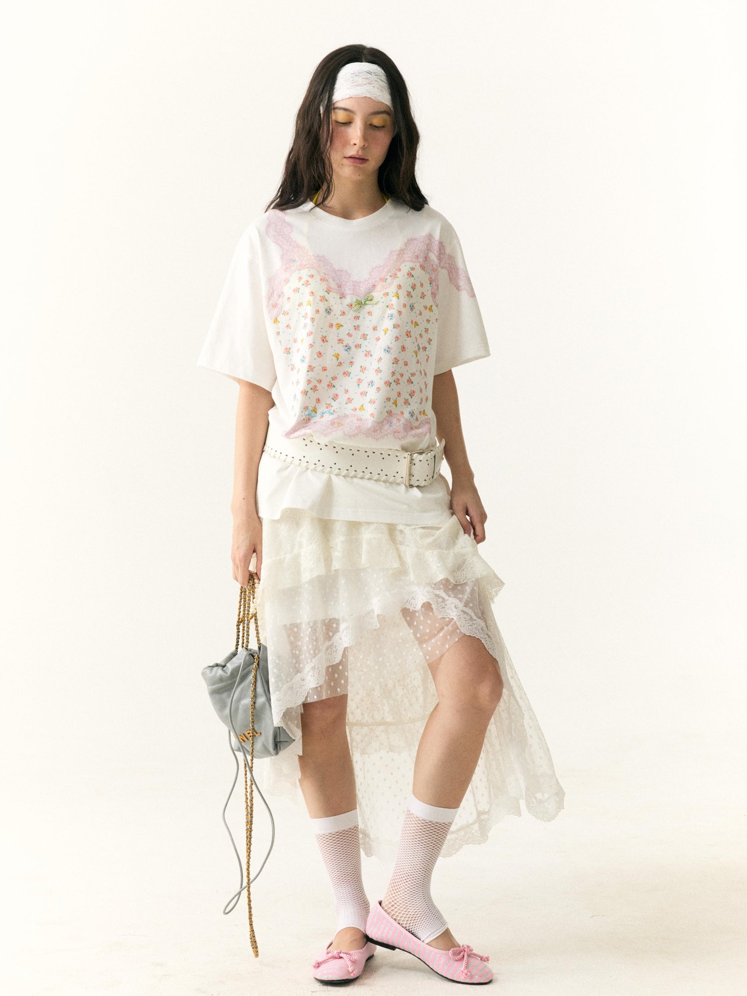 wii wil Floral Lace Strappy Print Oversized Cotton Tee