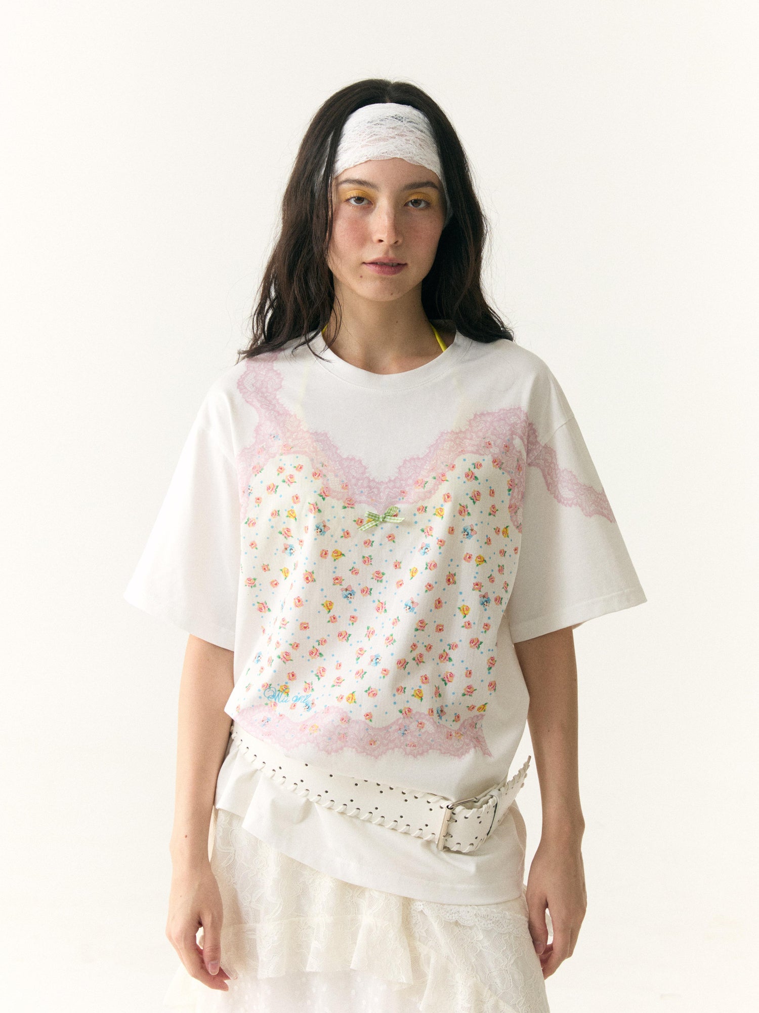 wii wil Floral Lace Strappy Print Oversized Cotton Tee