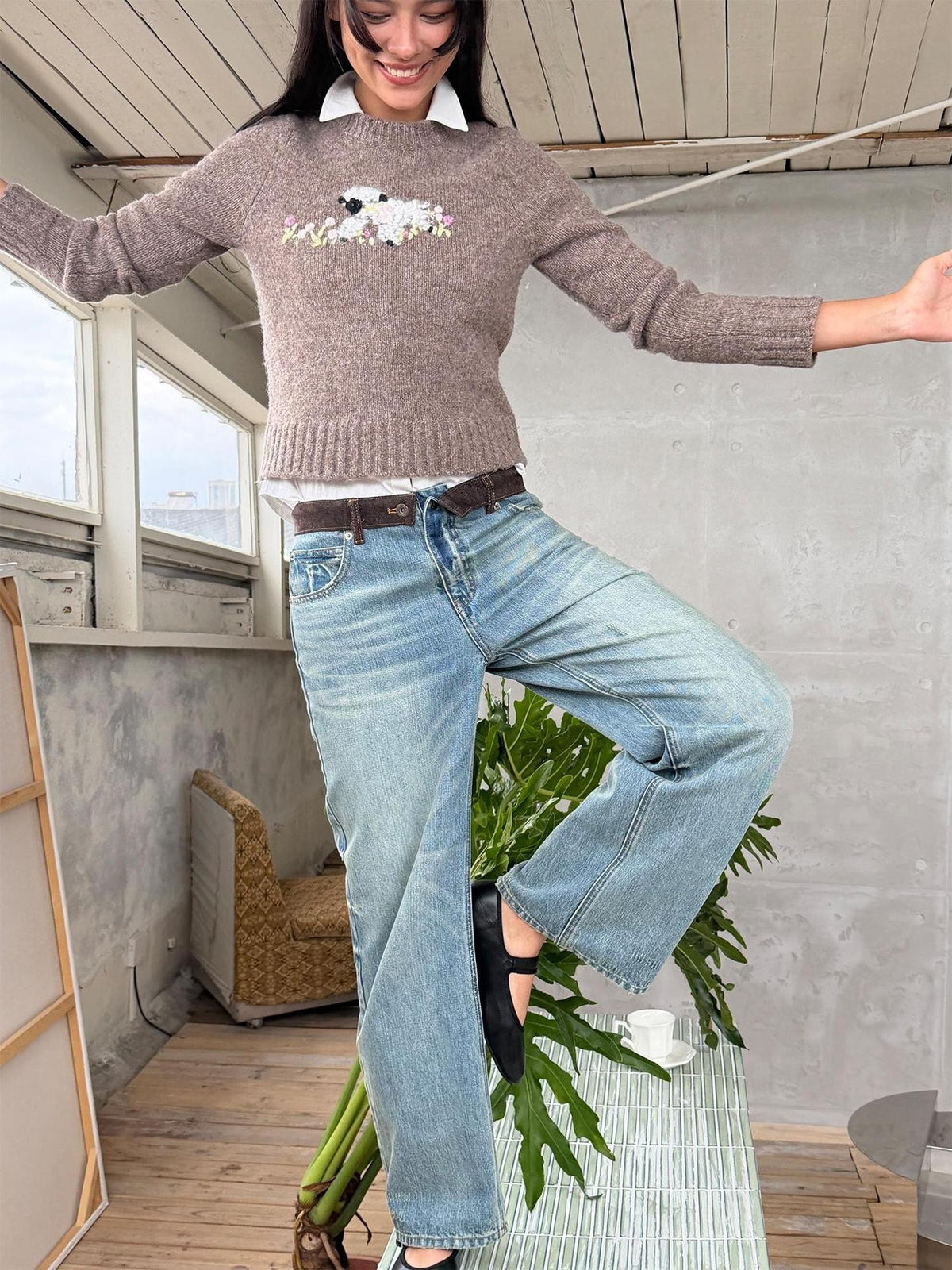 wii wil Floral Lamb Embroidered Jacquard Knit Women&