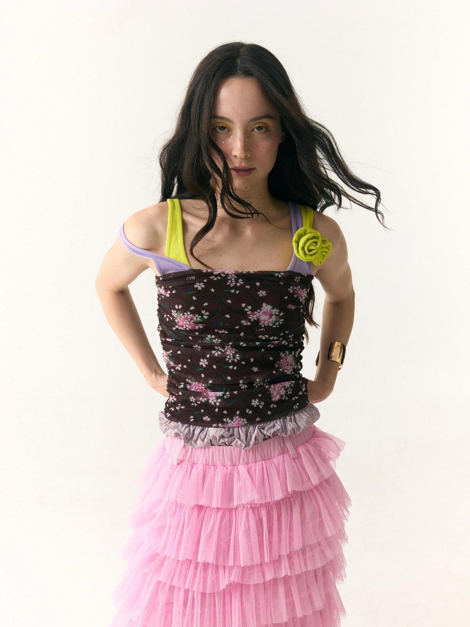 Floral Print Mesh Camisole with Color Block Straps V-neck