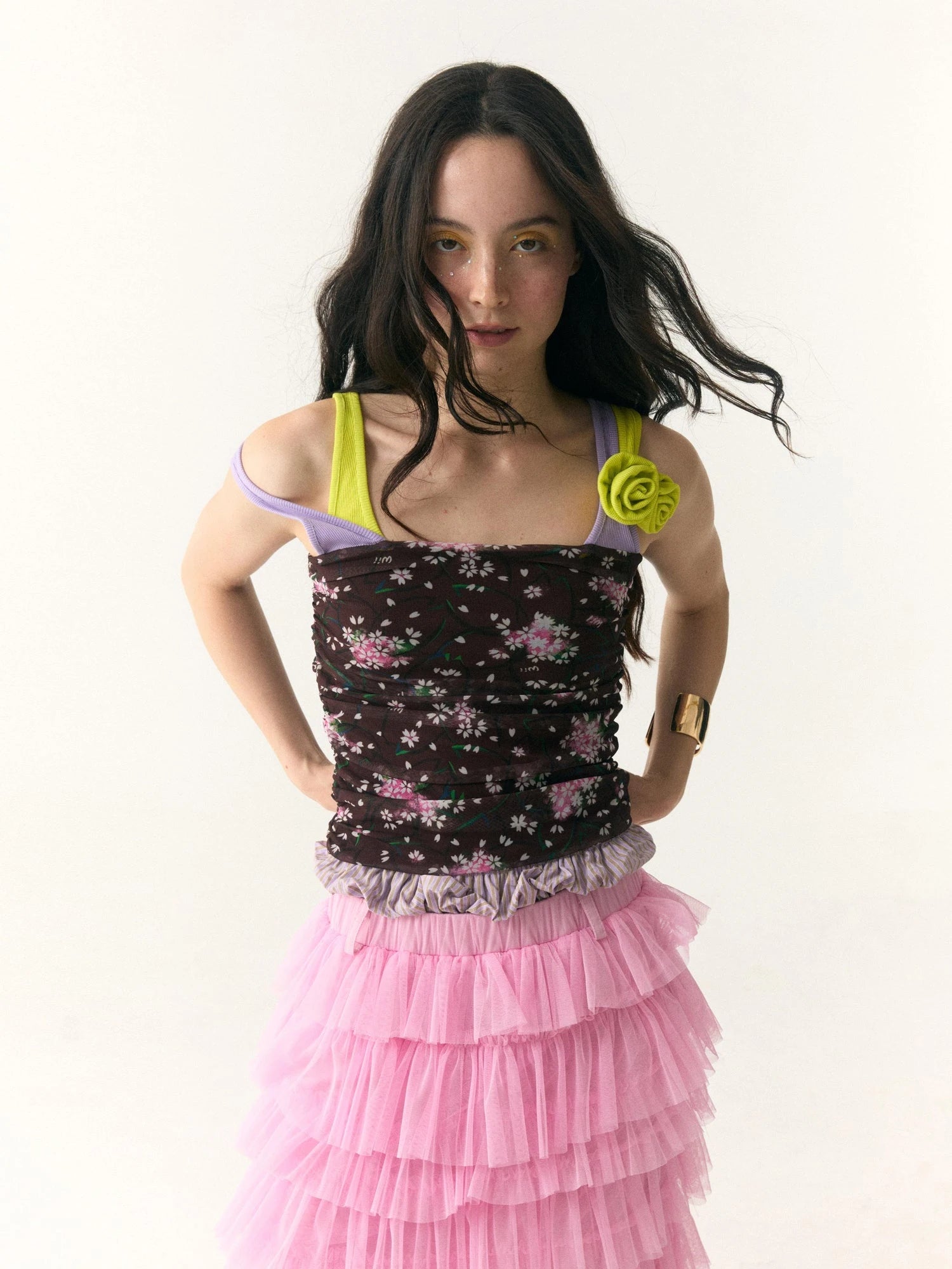 Floral Print Mesh Camisole with Color Block Straps V-neck