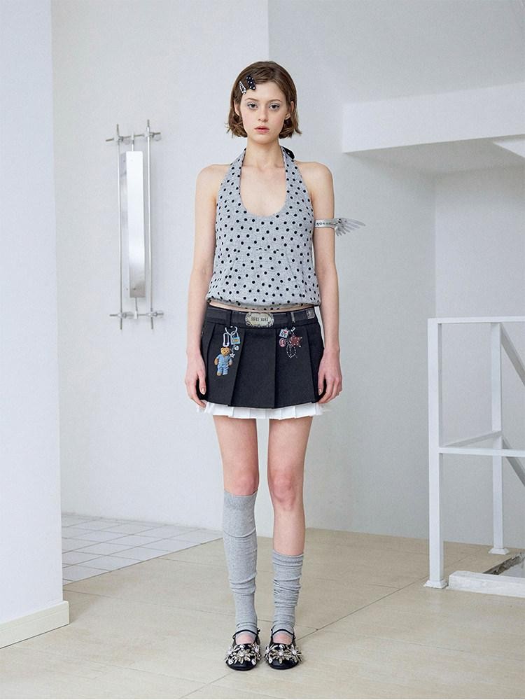 wii wil Gray Polka Dot Open Back Belted Loose U Neck Women&