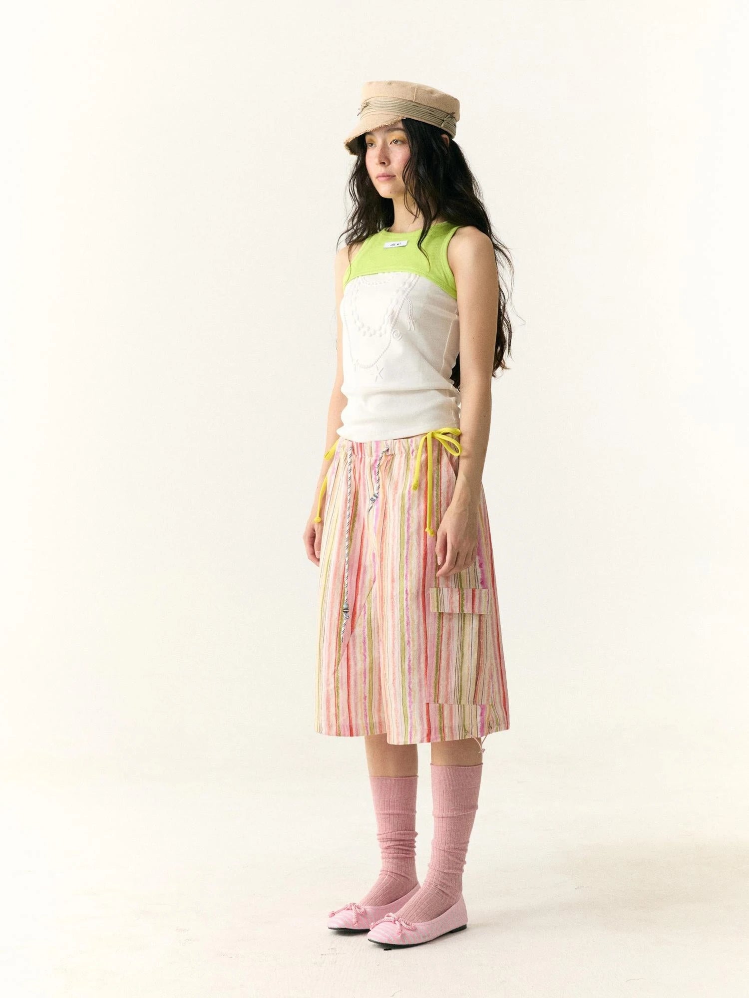 Hand Painted Striped Cargo Shorts With Summer Print