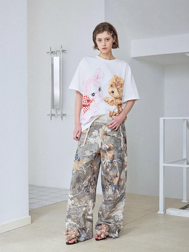 wii wil Hugging Puppy Print Crewneck Loose Fit Women&