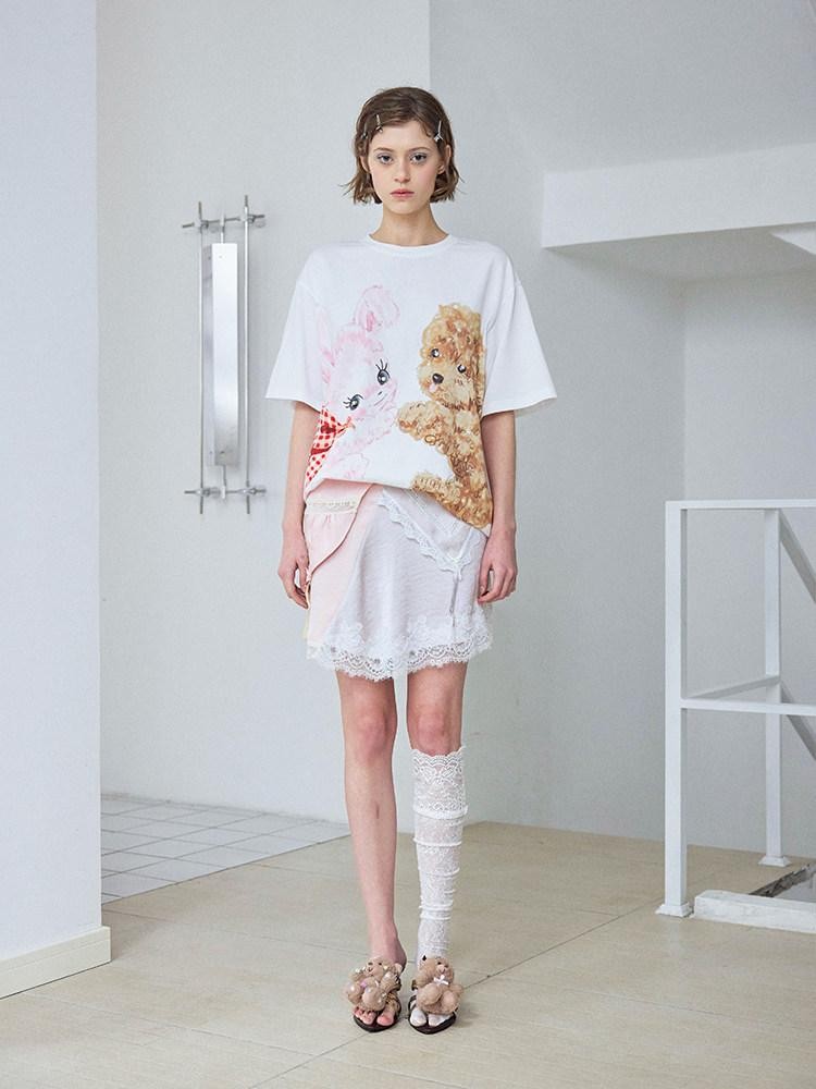 wii wil Hugging Puppy Print Crewneck Loose Fit Women&