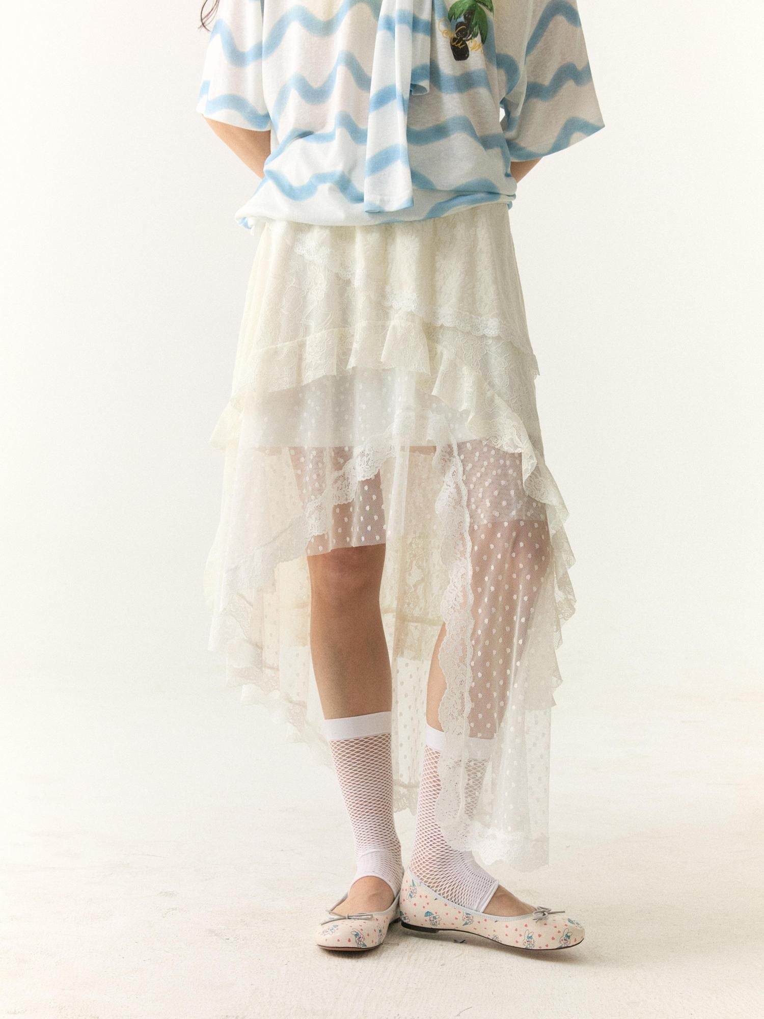wii wil Lace Polka Dot Asymmetric Tiered Patchwork Women&