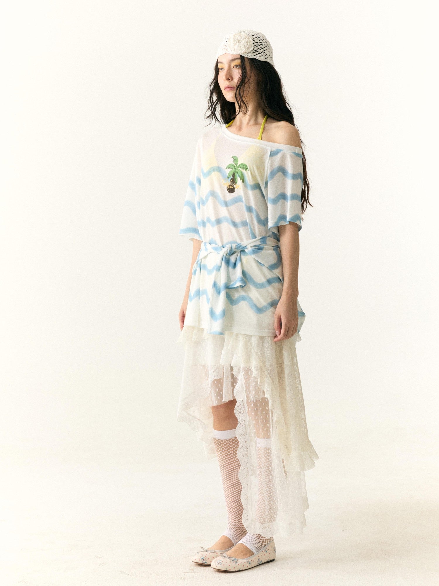 wii wil Lace Polka Dot Asymmetric Tiered Patchwork Women&