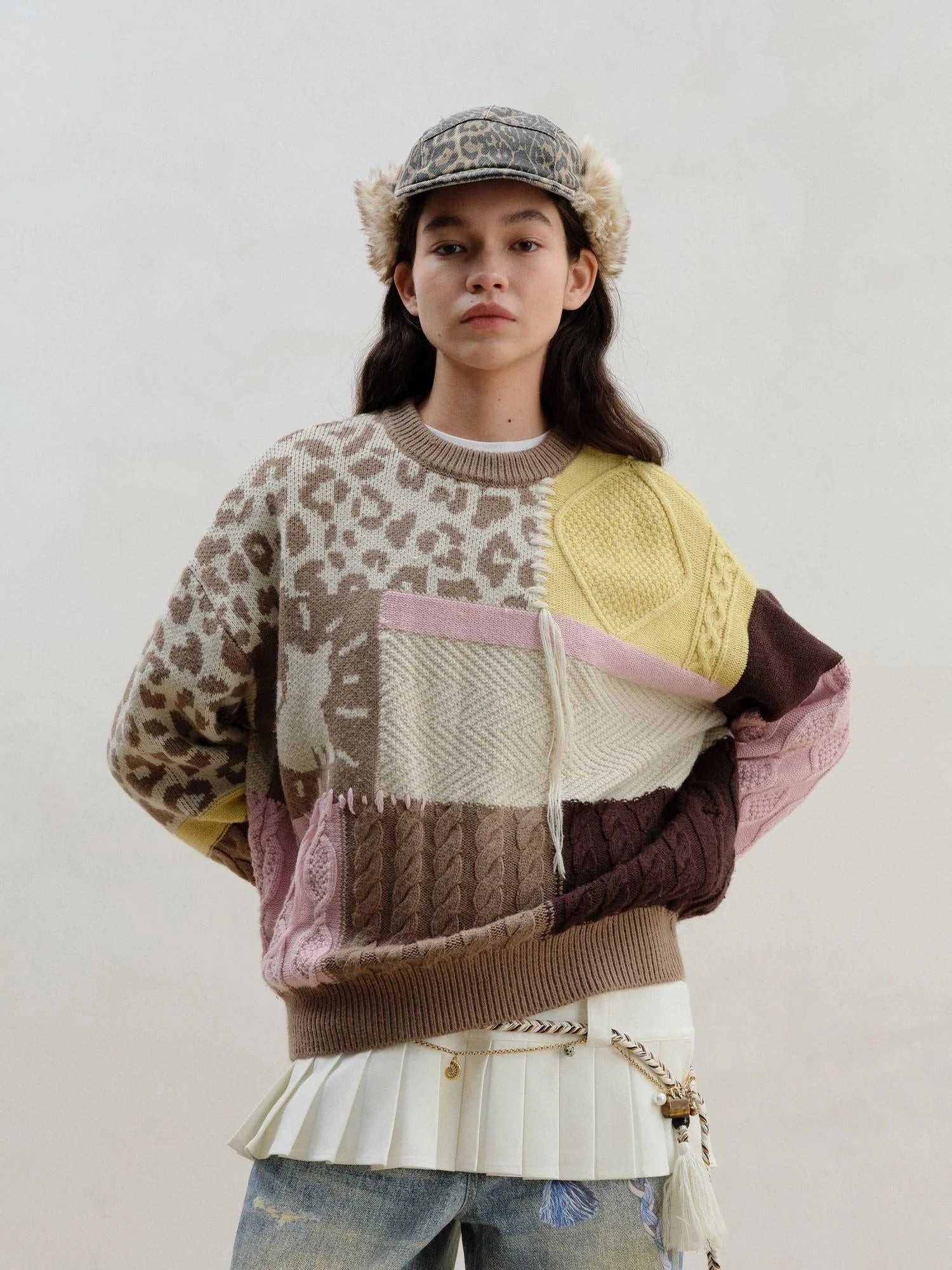 Multi Textured Chocolate Mosaic Wool Sweater V-neck Long Sleeve
