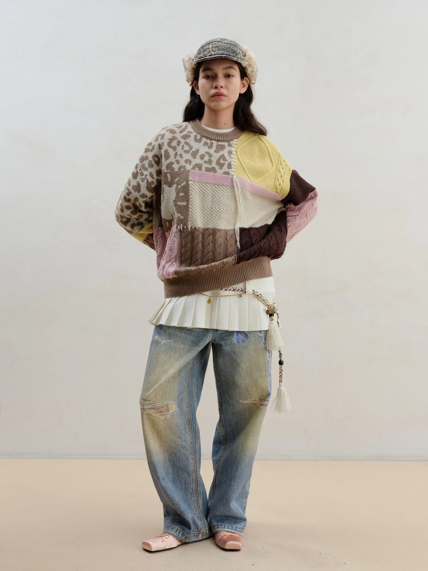 Multi Textured Chocolate Mosaic Wool Sweater V-neck Long Sleeve