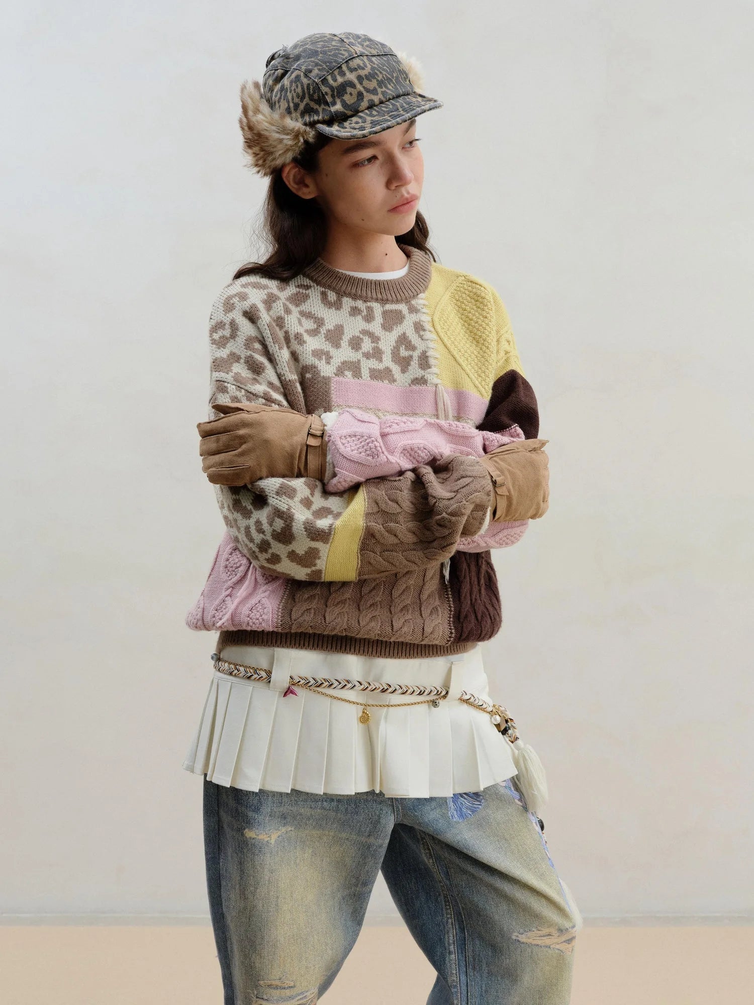 Multi Textured Chocolate Mosaic Wool Sweater V-neck Long Sleeve