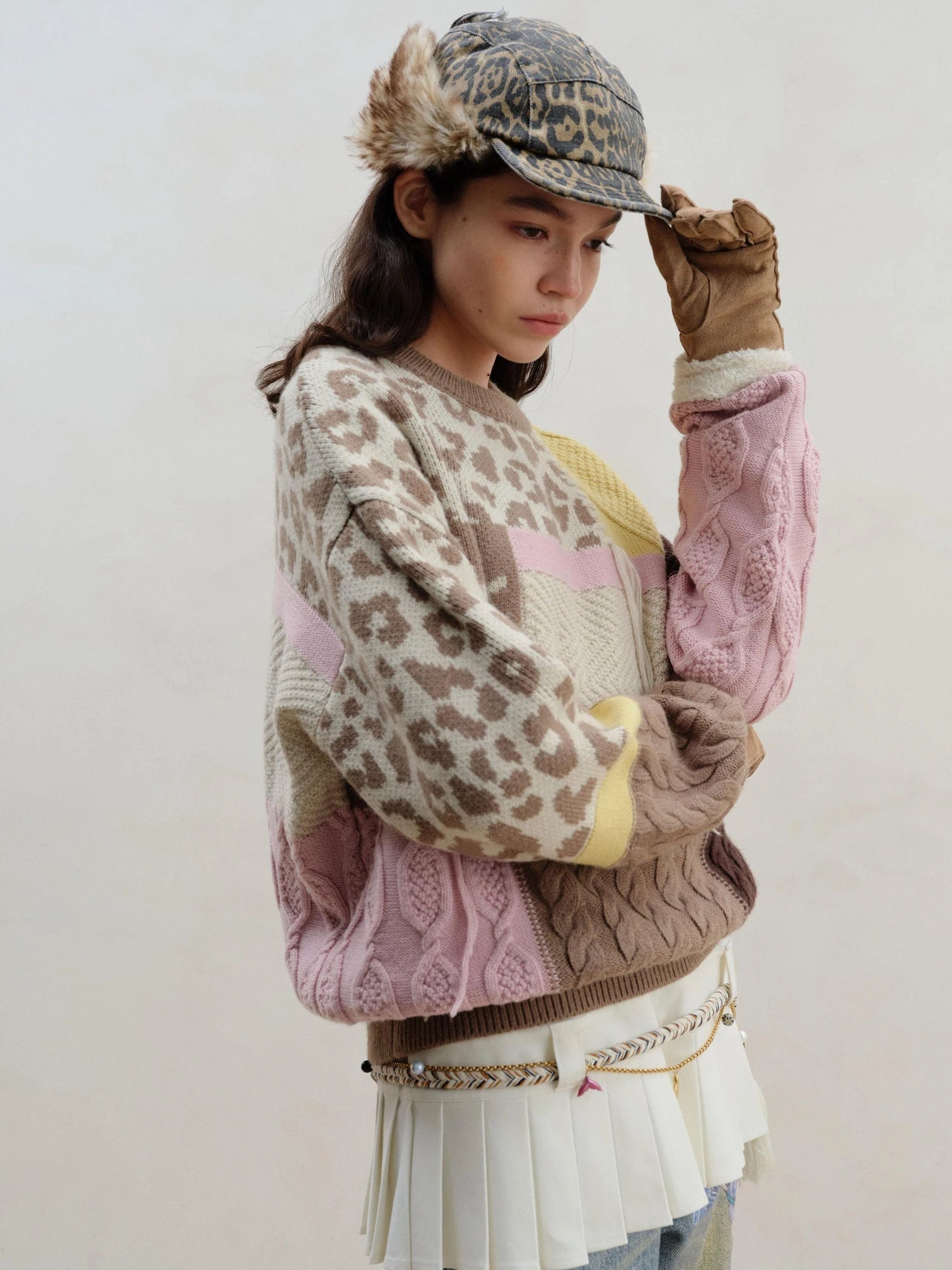 Multi Textured Chocolate Mosaic Wool Sweater V-neck Long Sleeve
