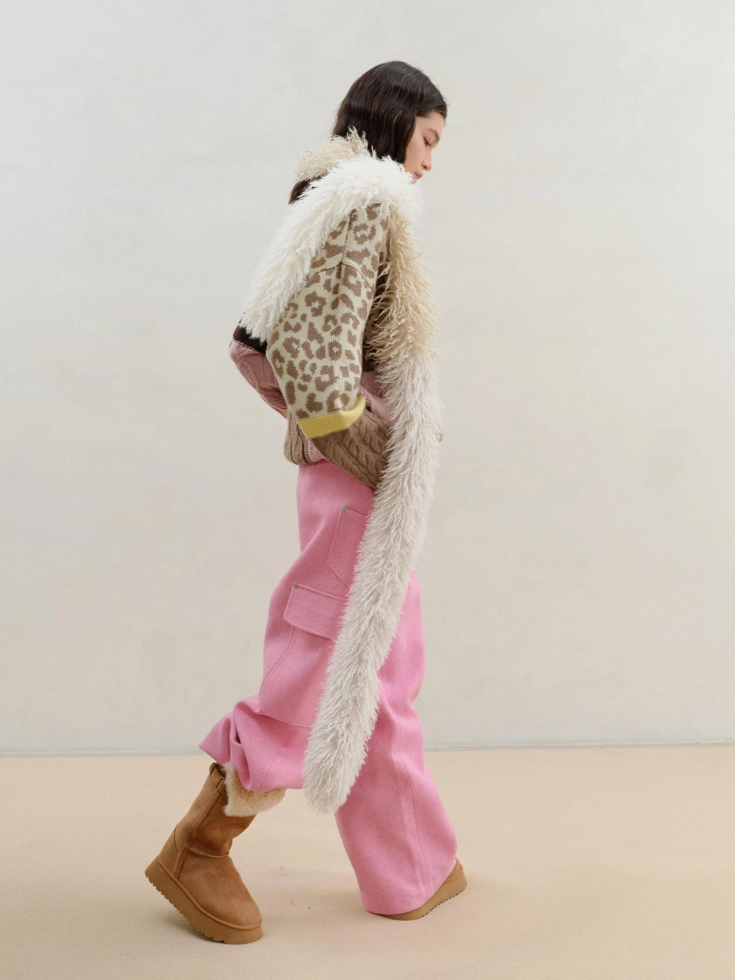 Multi Textured Chocolate Mosaic Wool Sweater V-neck Long Sleeve