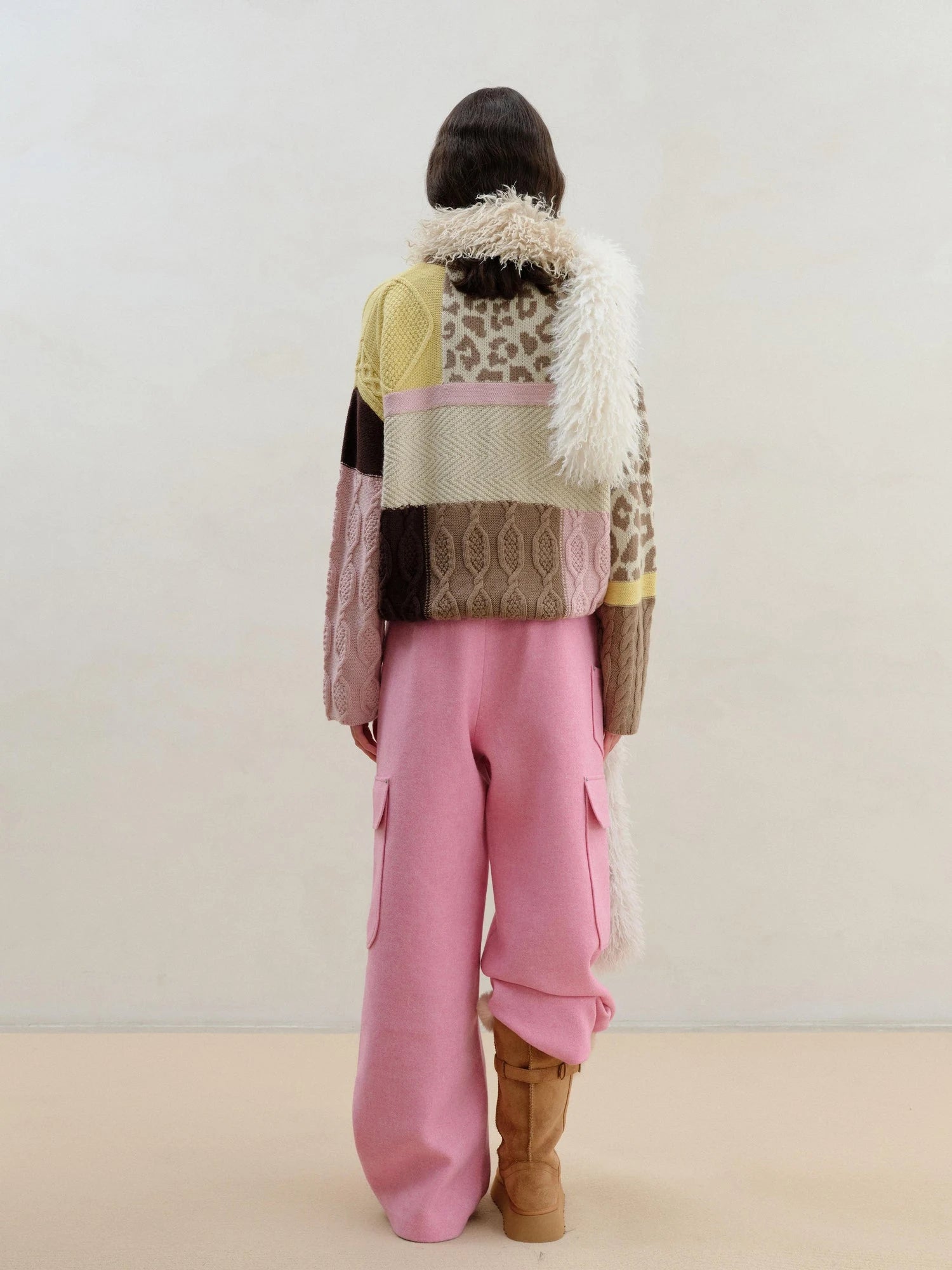 Multi Textured Chocolate Mosaic Wool Sweater V-neck Long Sleeve