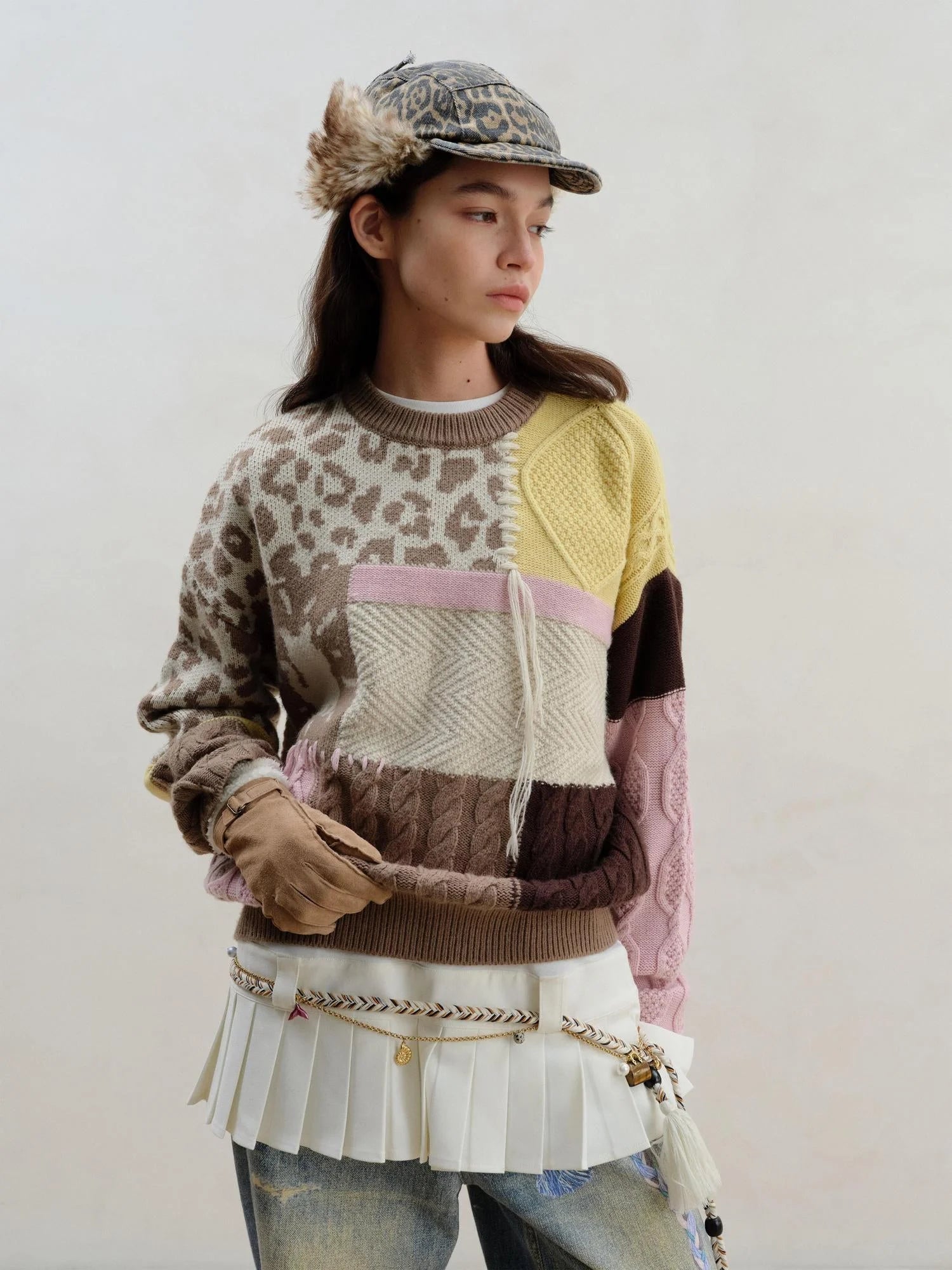 Multi Textured Chocolate Mosaic Wool Sweater V-neck Long Sleeve