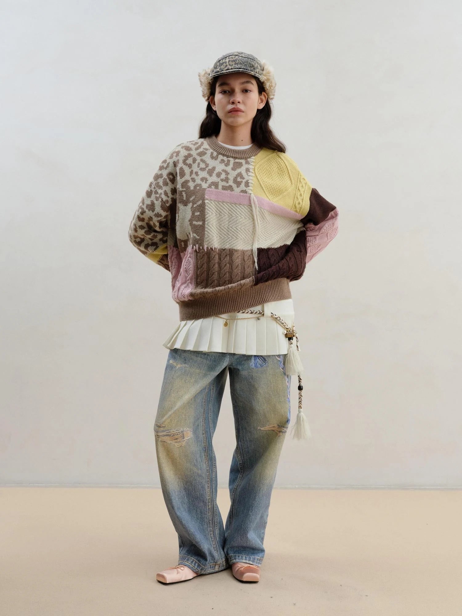 Multi Textured Chocolate Mosaic Wool Sweater V-neck Long Sleeve