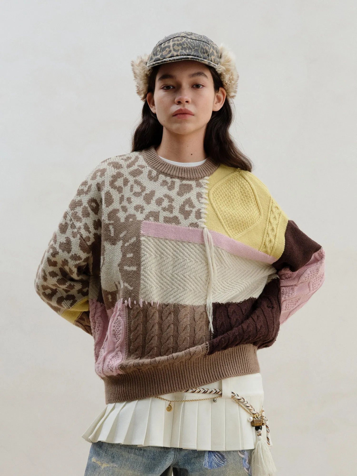 Multi Textured Chocolate Mosaic Wool Sweater V-neck Long Sleeve