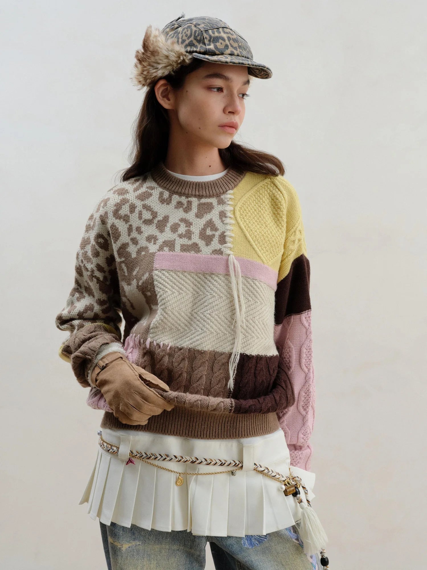 Multi Textured Chocolate Mosaic Wool Sweater V-neck Long Sleeve