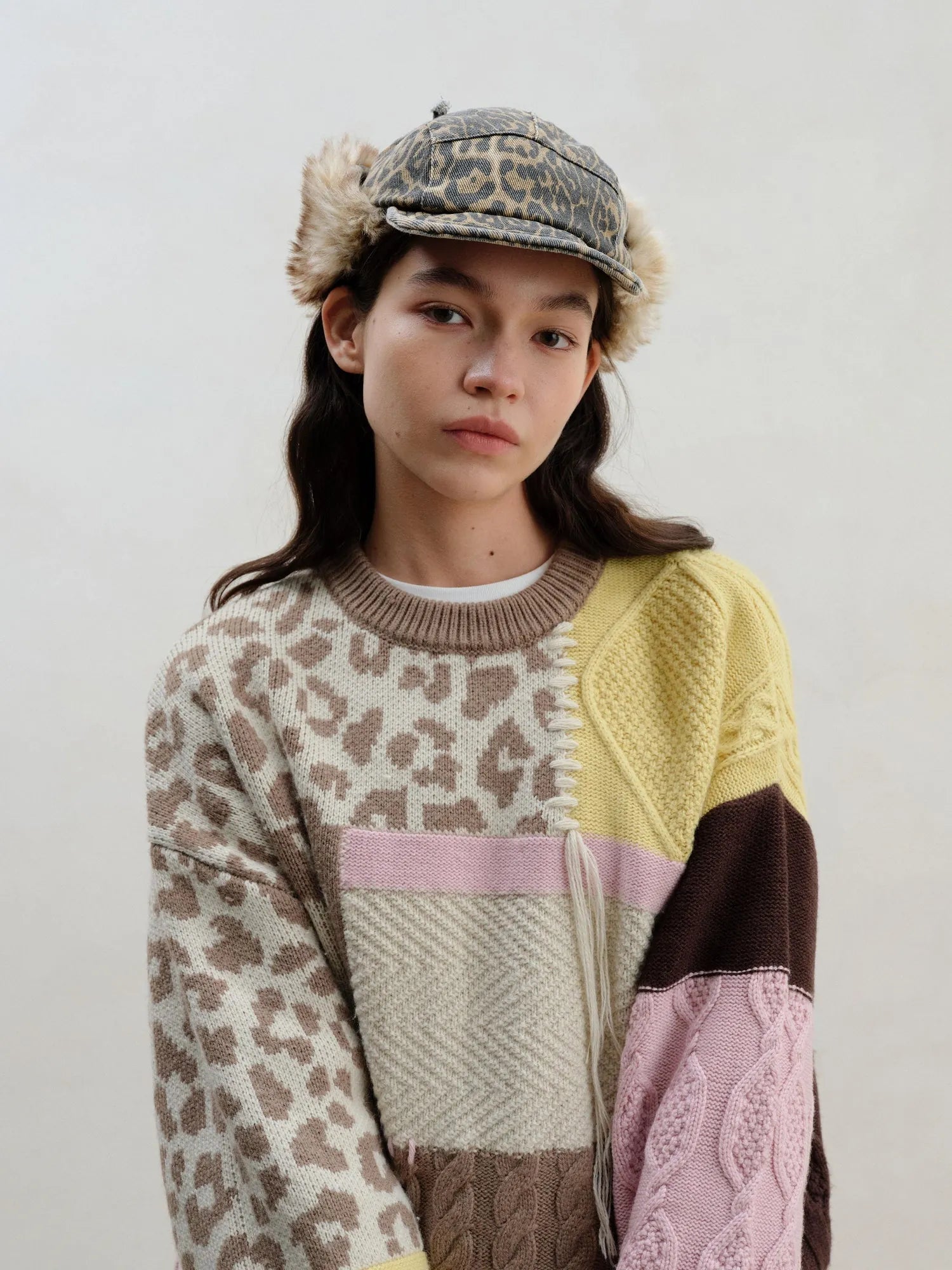 Multi Textured Chocolate Mosaic Wool Sweater V-neck Long Sleeve