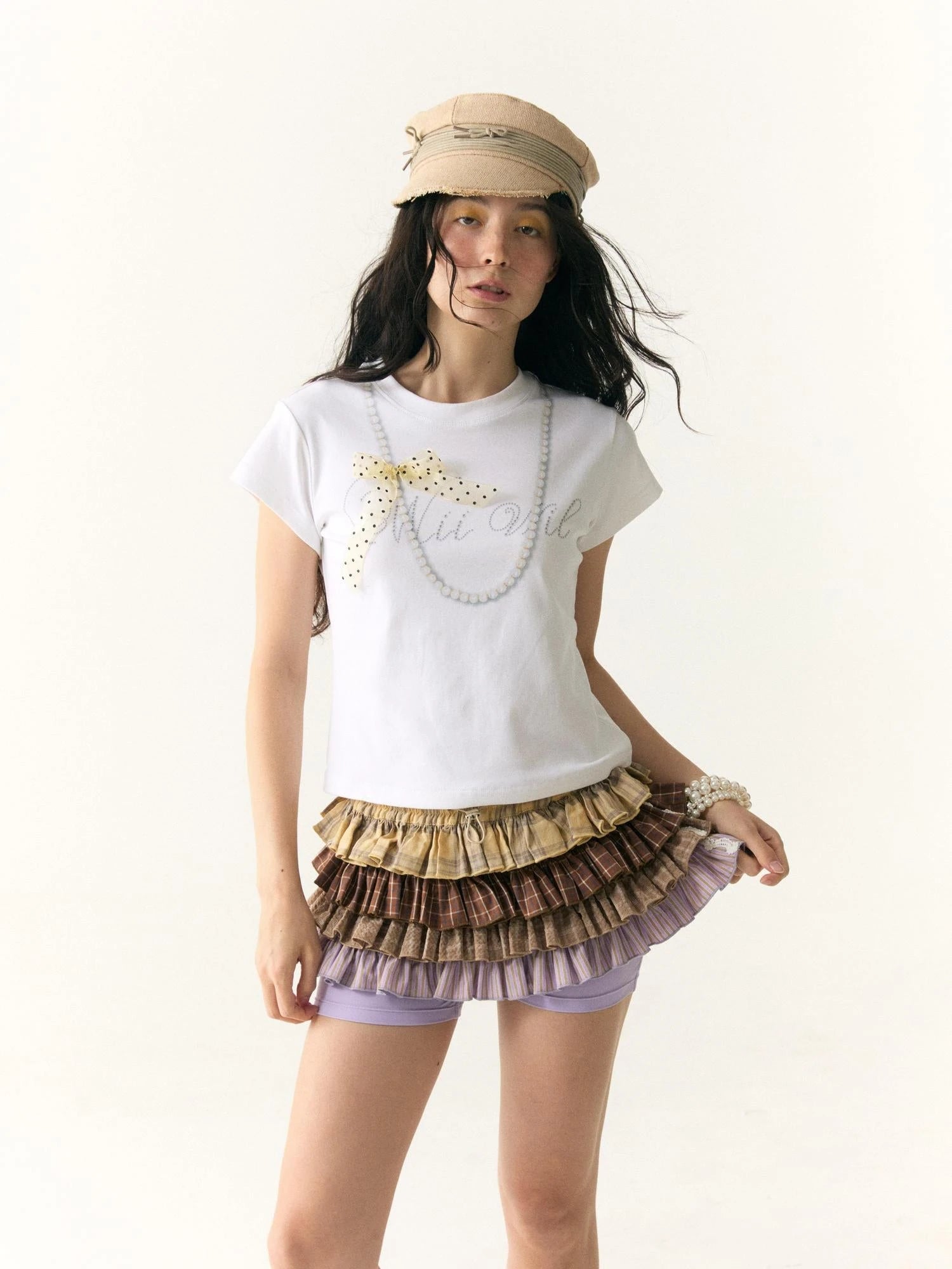 Multicolor Check Stripe Layered Skirt with Built In Leggings