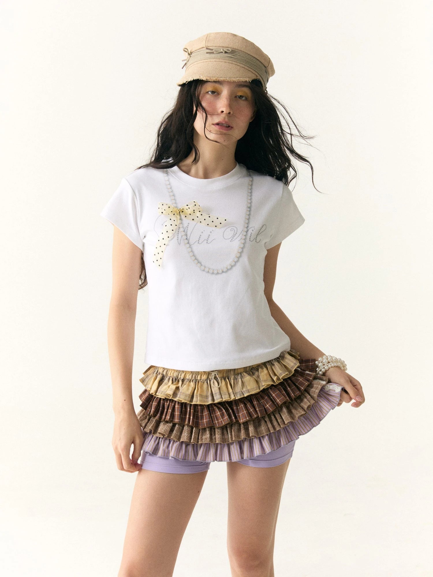 Multicolor Check Stripe Layered Skirt with Built In Leggings