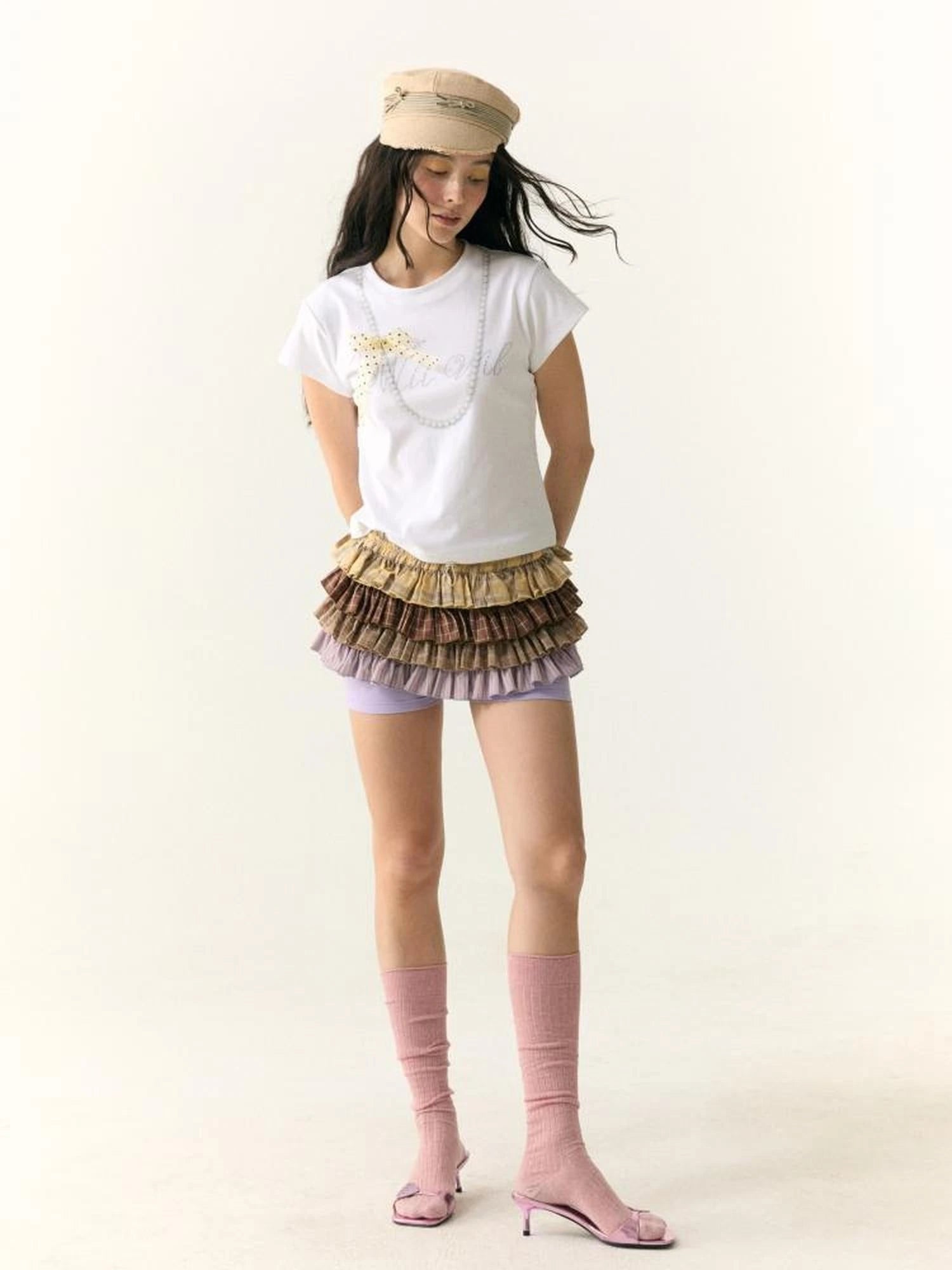 Multicolor Check Stripe Layered Skirt with Built In Leggings