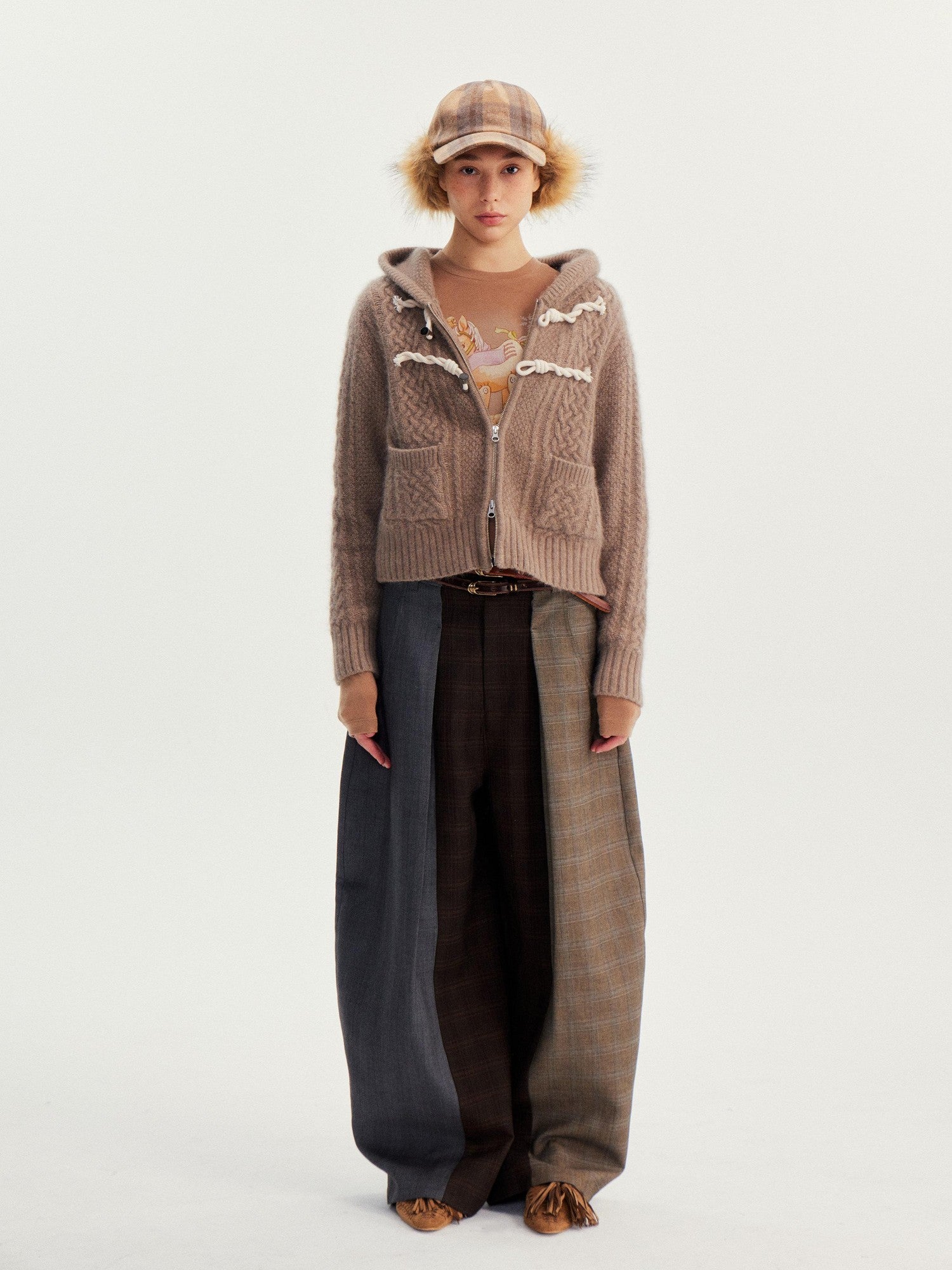 wii wil Raccoon Fur Trim Zip Toggle Cropped Women&