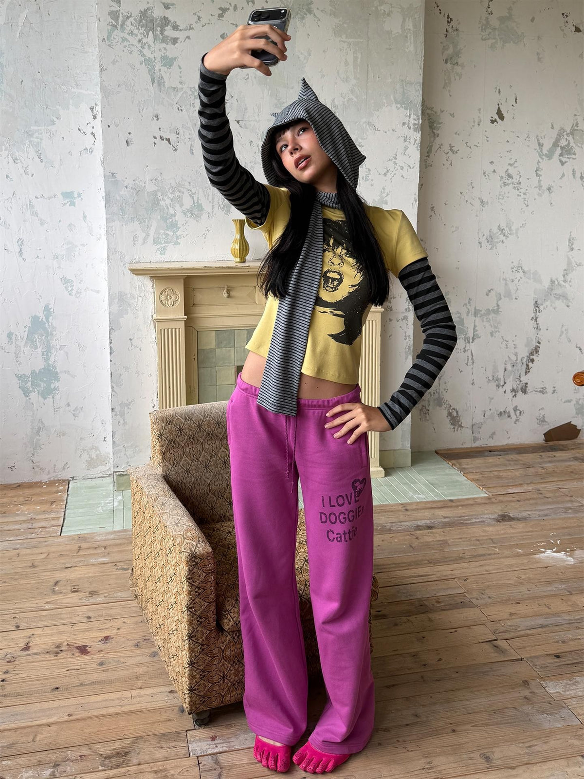 wii wil Rock Portrait Print Striped Contrast Sleeve Women&