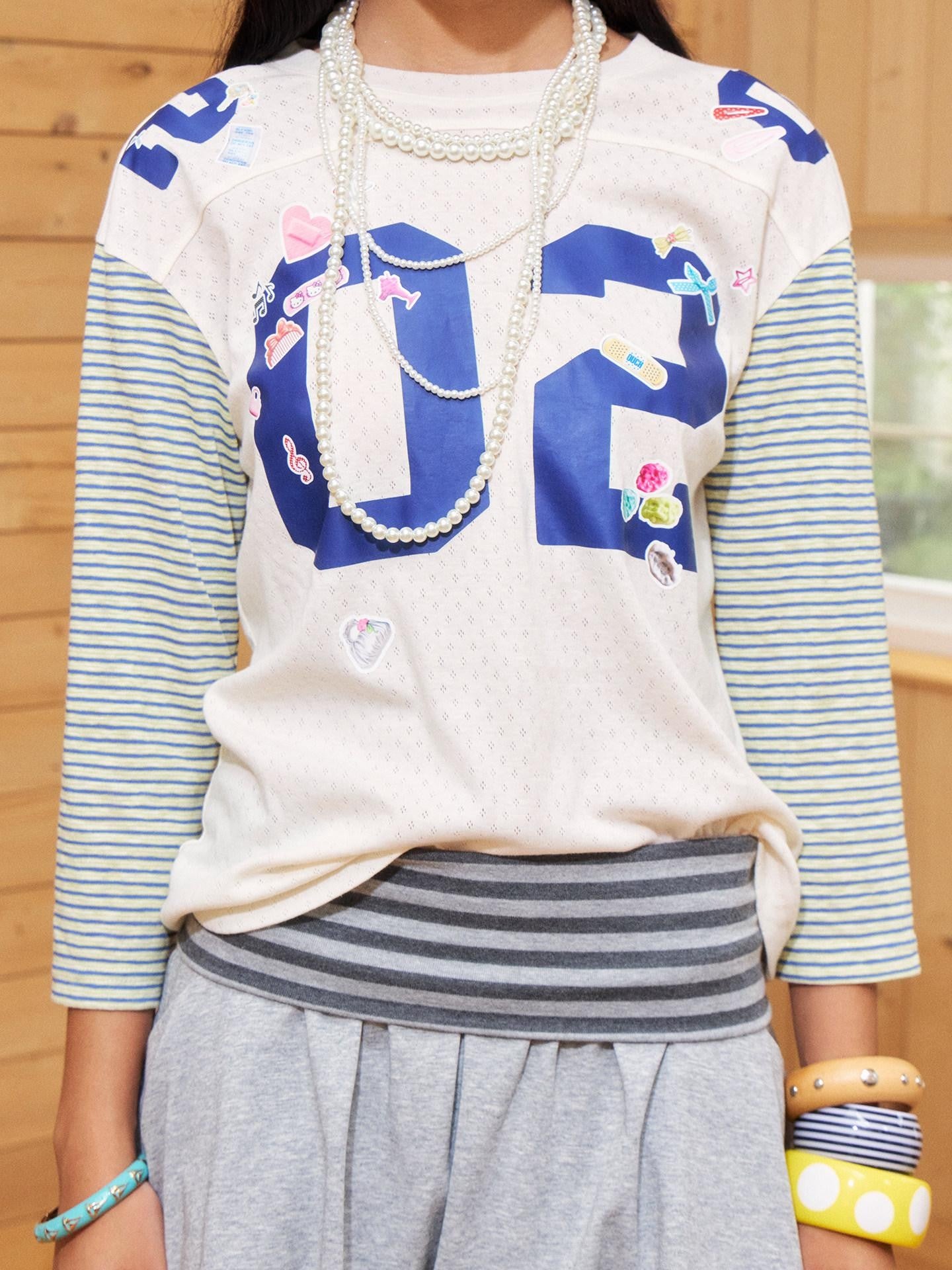 wii wil Sticker Print Striped Patchwork Raglan Women&