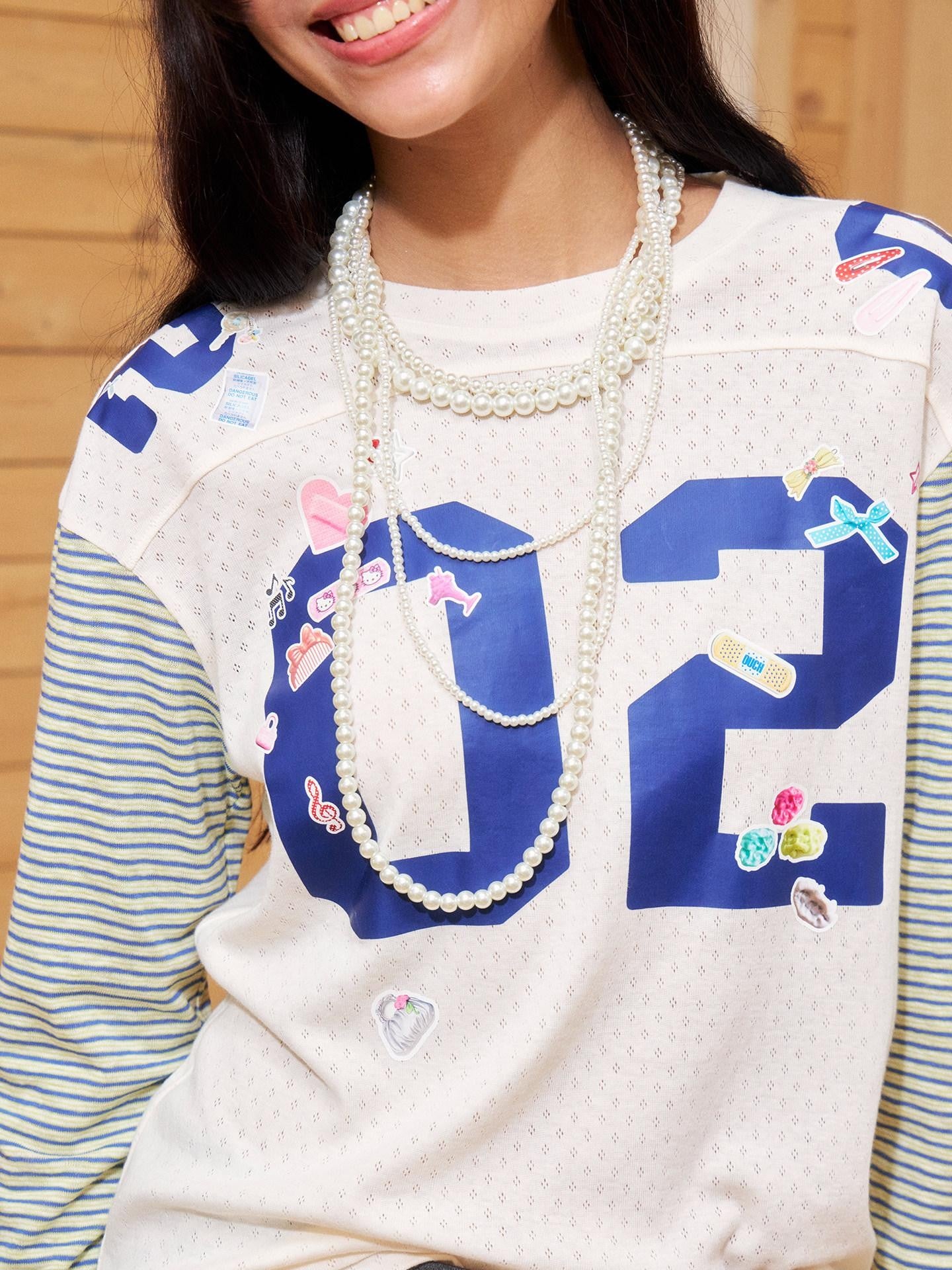 wii wil Sticker Print Striped Patchwork Raglan Women&