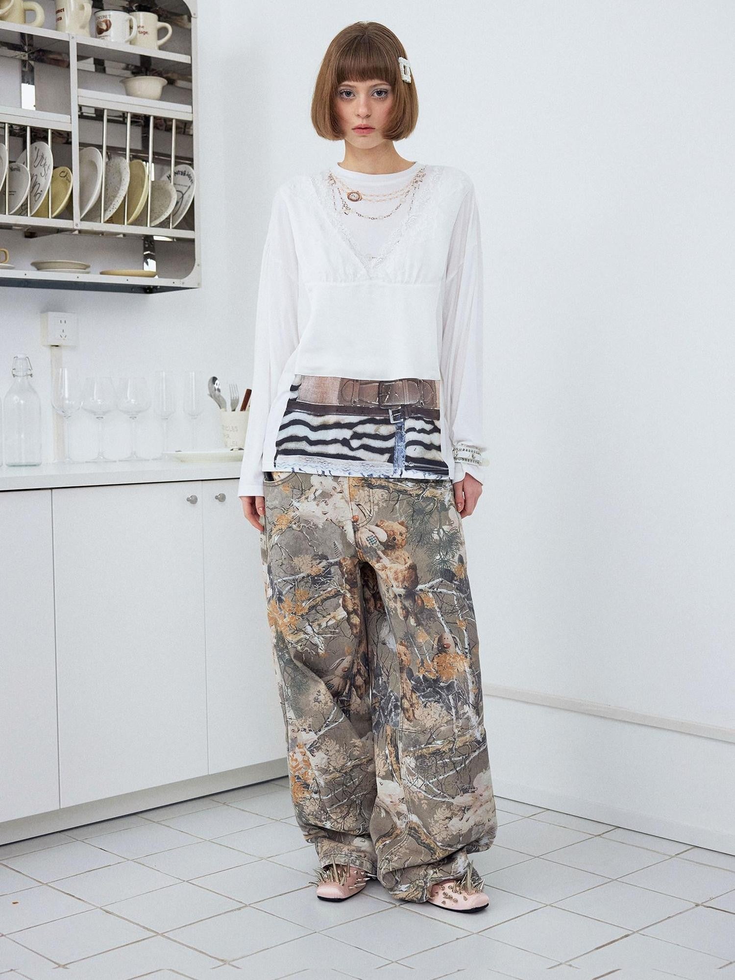 wii wil White Crewneck Lace Camisole Illusion Print Women&