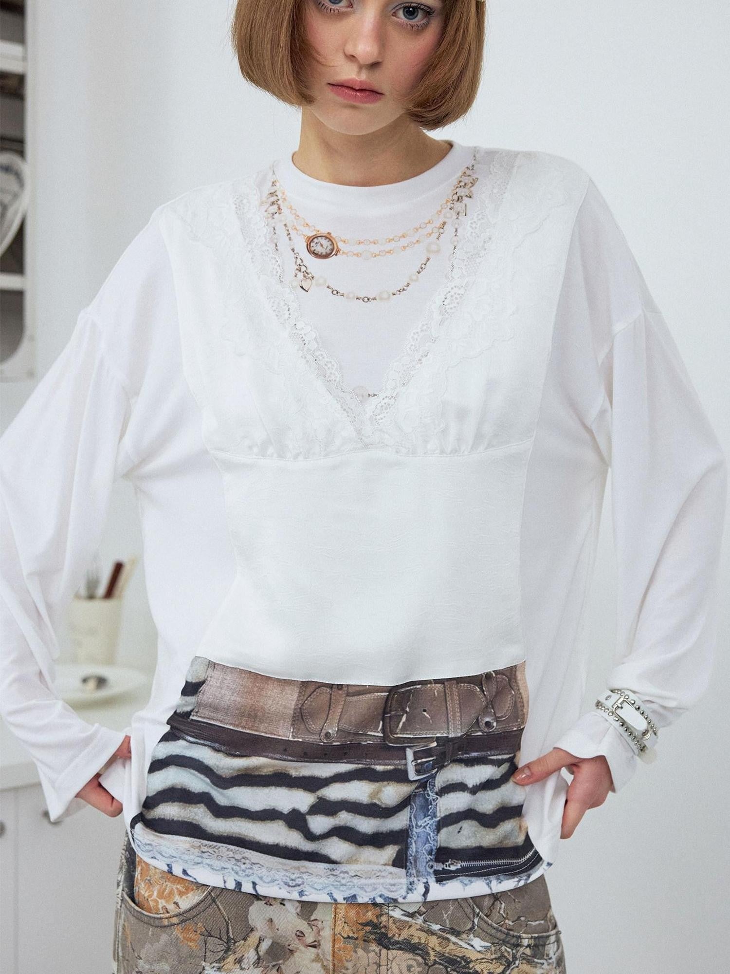 wii wil White Crewneck Lace Camisole Illusion Print Women&