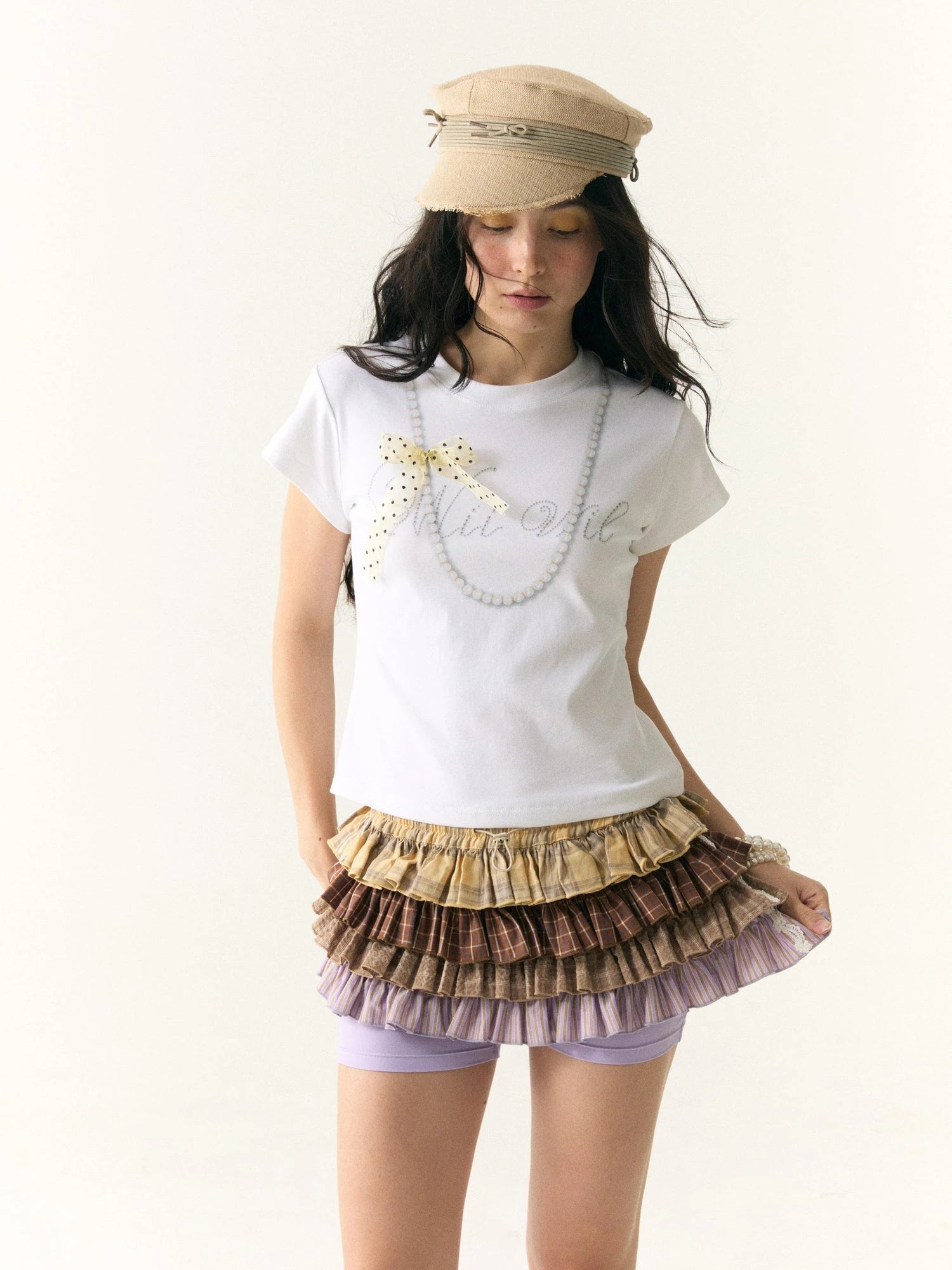 Wii Wil Polka Dot Bow Pearl Necklace Print T-shirt