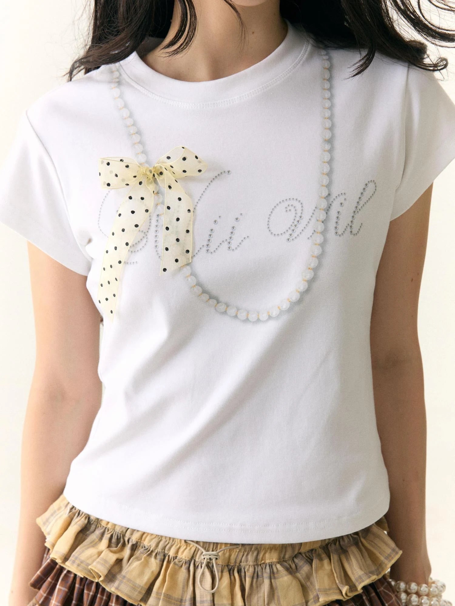 Wii Wil Polka Dot Bow Pearl Necklace Print T-shirt