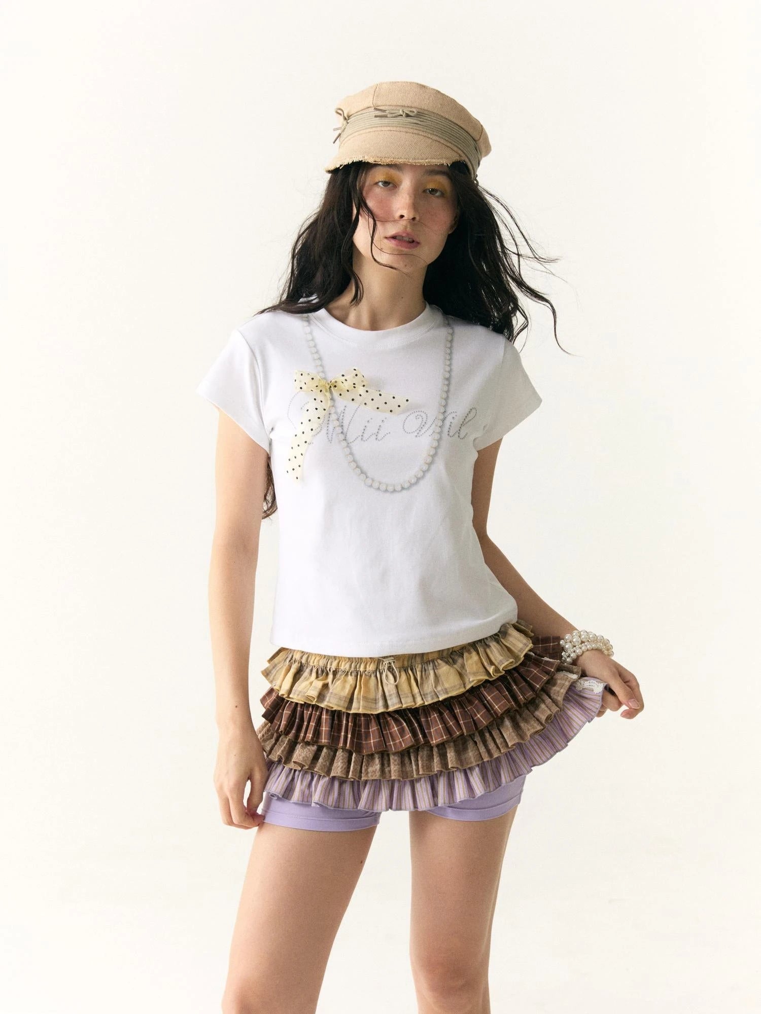 Wii Wil Polka Dot Bow Pearl Necklace Print T-shirt