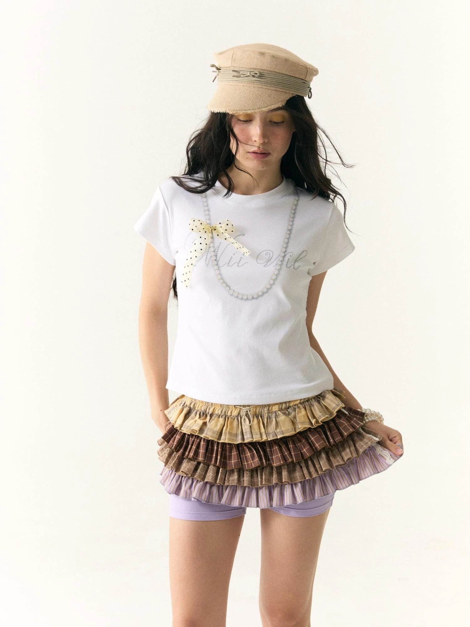 Wii Wil Polka Dot Bow Pearl Necklace Print T-shirt