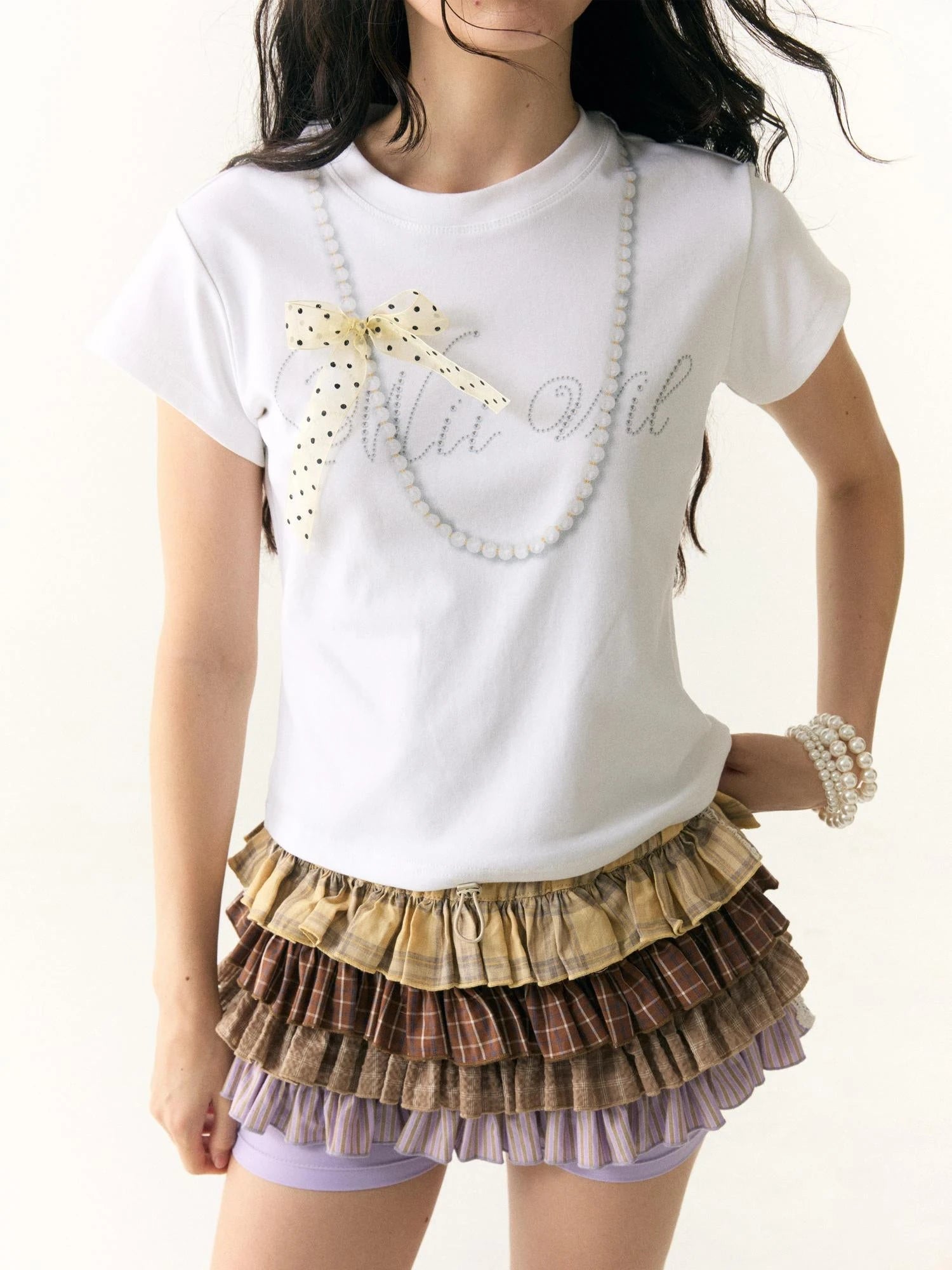 Wii Wil Polka Dot Bow Pearl Necklace Print T-shirt