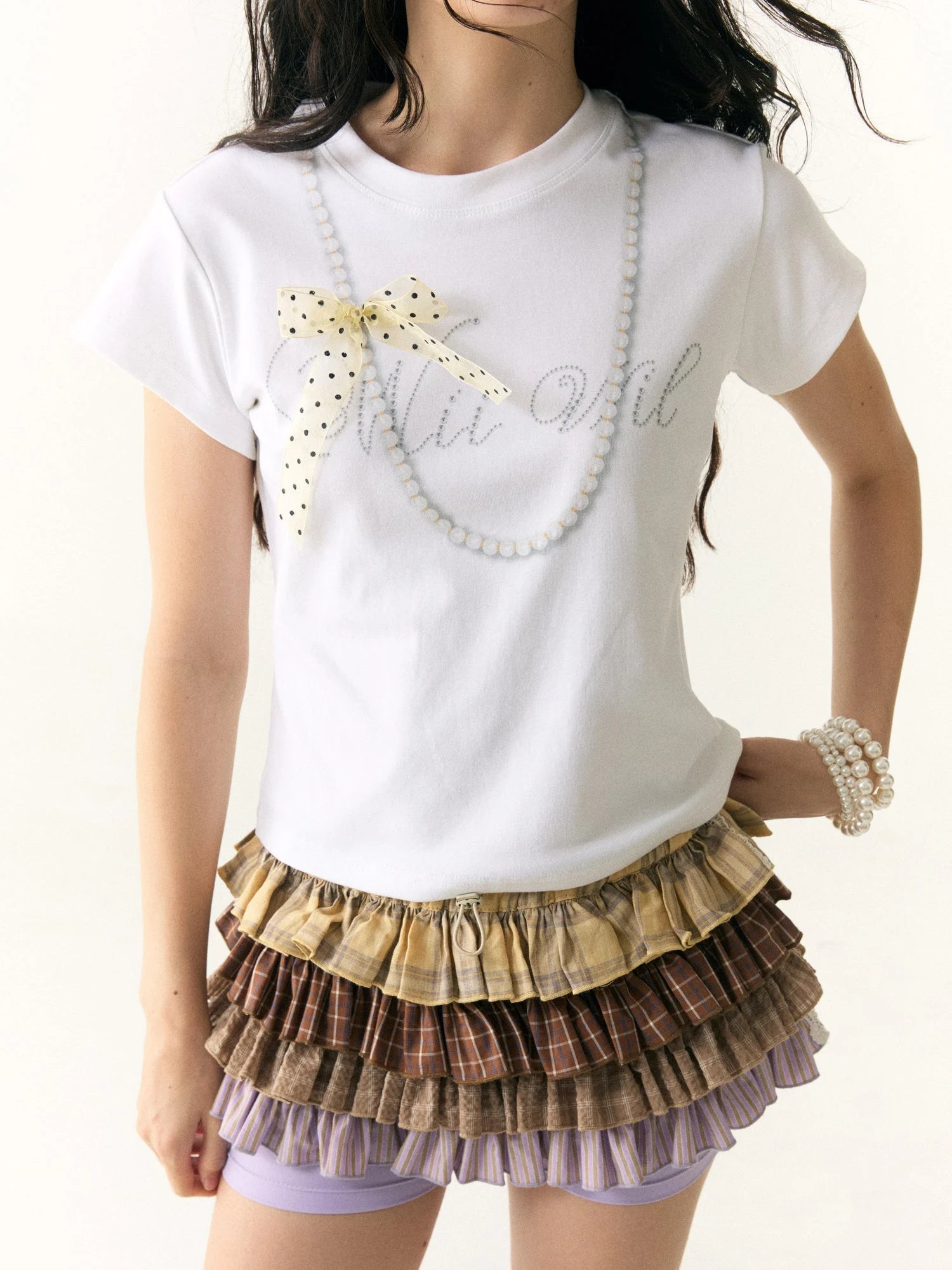 Wii Wil Polka Dot Bow Pearl Necklace Print T-shirt