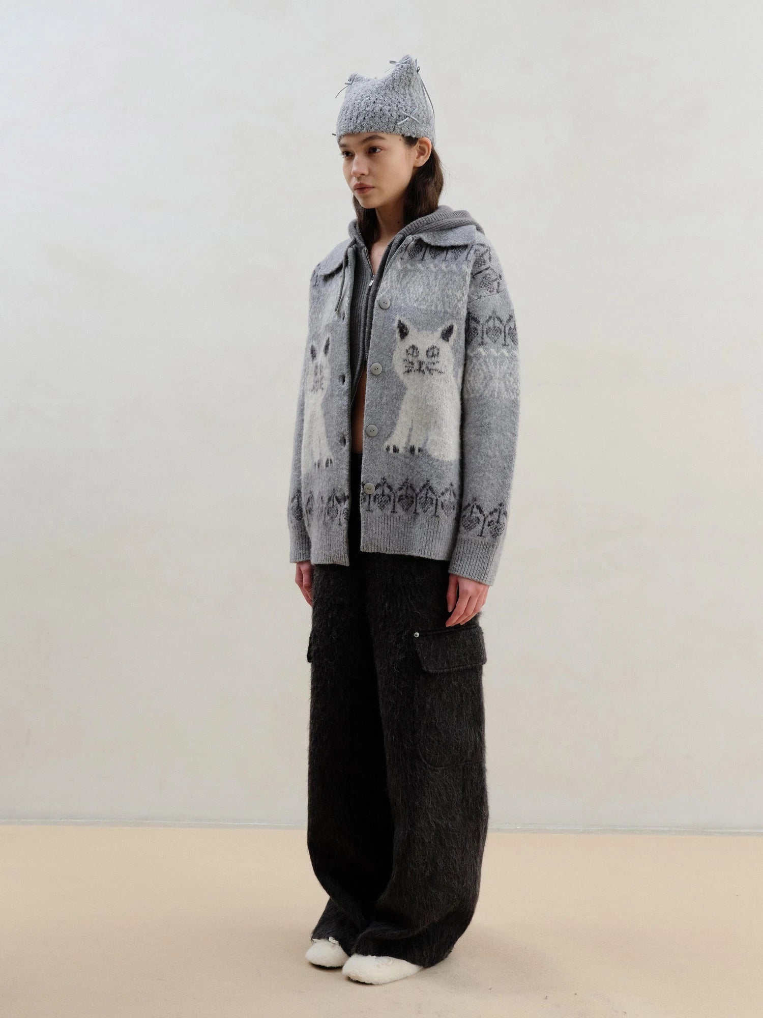 Wool Blend Alpaca Flannel Multi Pocket Straight Leg Cargo Pants