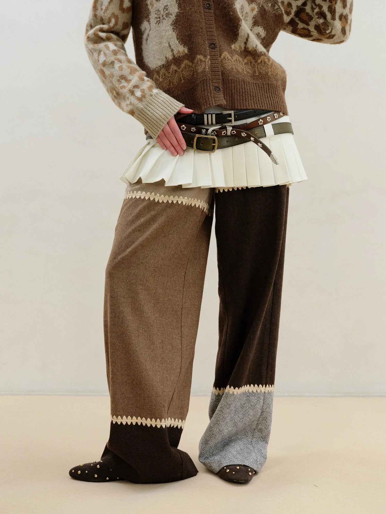 Wool Blend Patchwork Trousers With Shell Embroidery