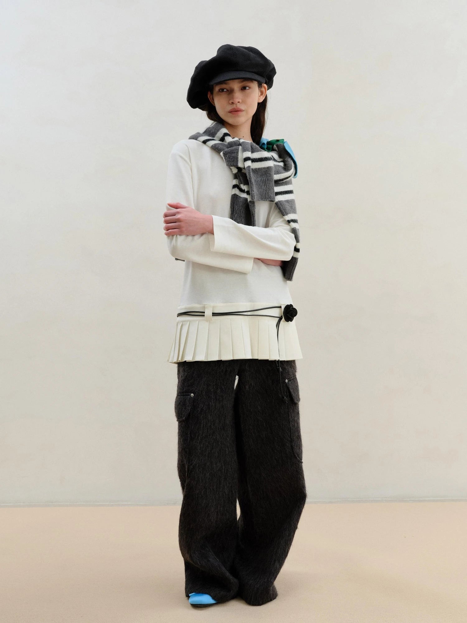 Wool Blend Pleated Hem White Modal Camisole