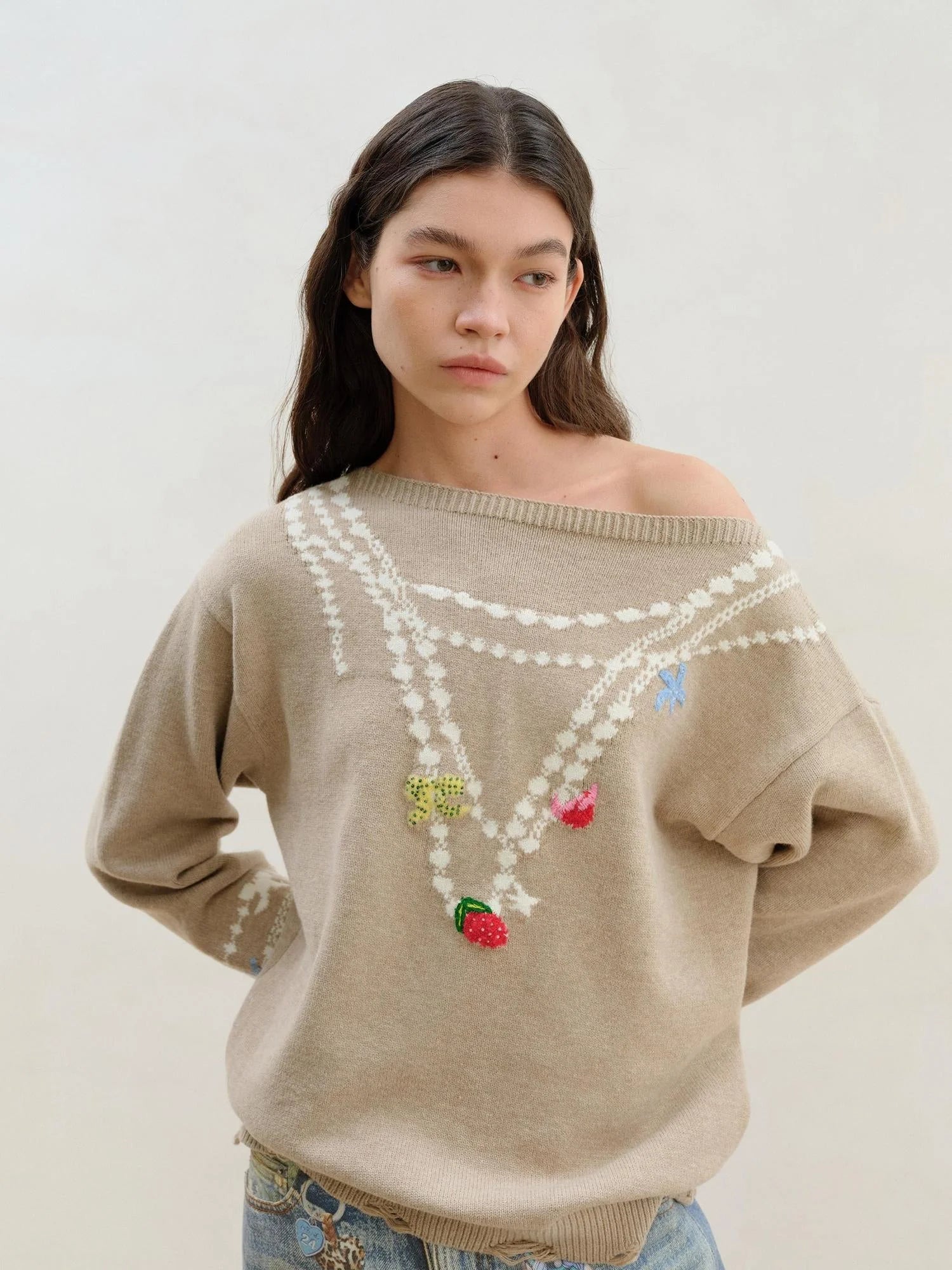 Wool Pearl Neckline Two Way Slip Shoulder Sweater