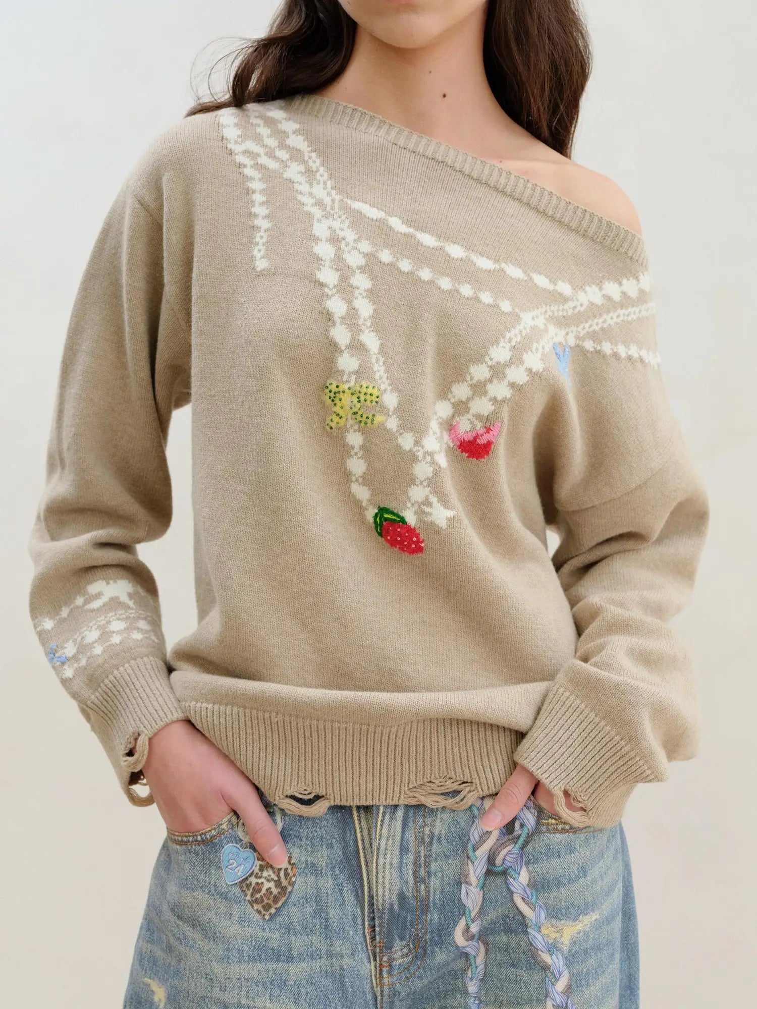 Wool Pearl Neckline Two Way Slip Shoulder Sweater
